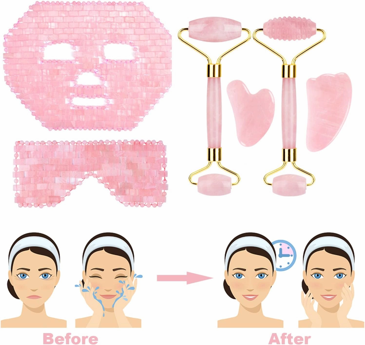 Rose Quartz Roller Gouache Face Eye Mask for Face Lifting Anti-Wrinkle Natural Crystal Facial Care Tool,Set-Ci-VLY