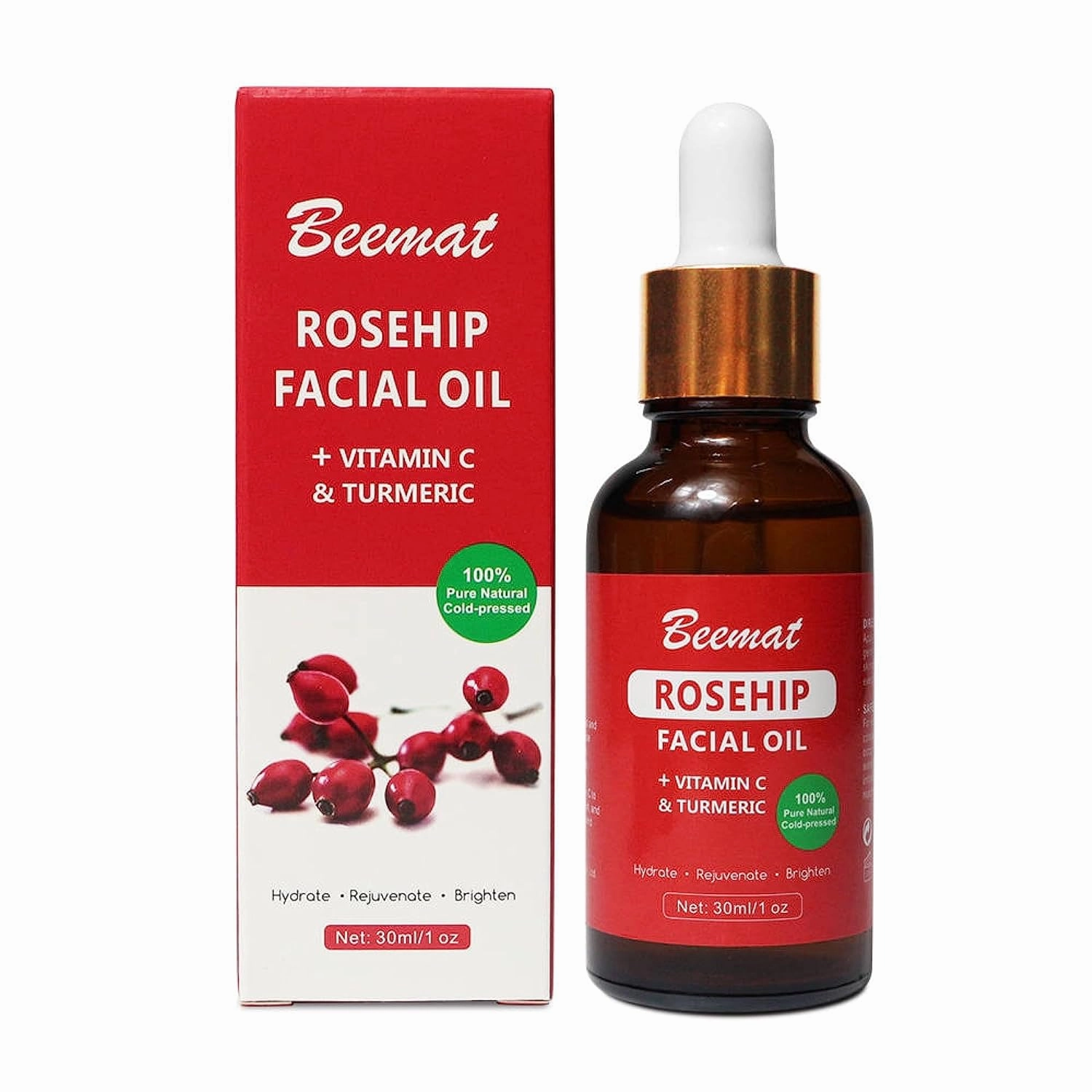 Rosehip Vitamin C Face Oil w/Turmeric 100% Natural Skin Care Facial Oil Cold Pressed Rosehip Oil for face For Brightening Hydrating & Rejuvenating 1oz/30ml