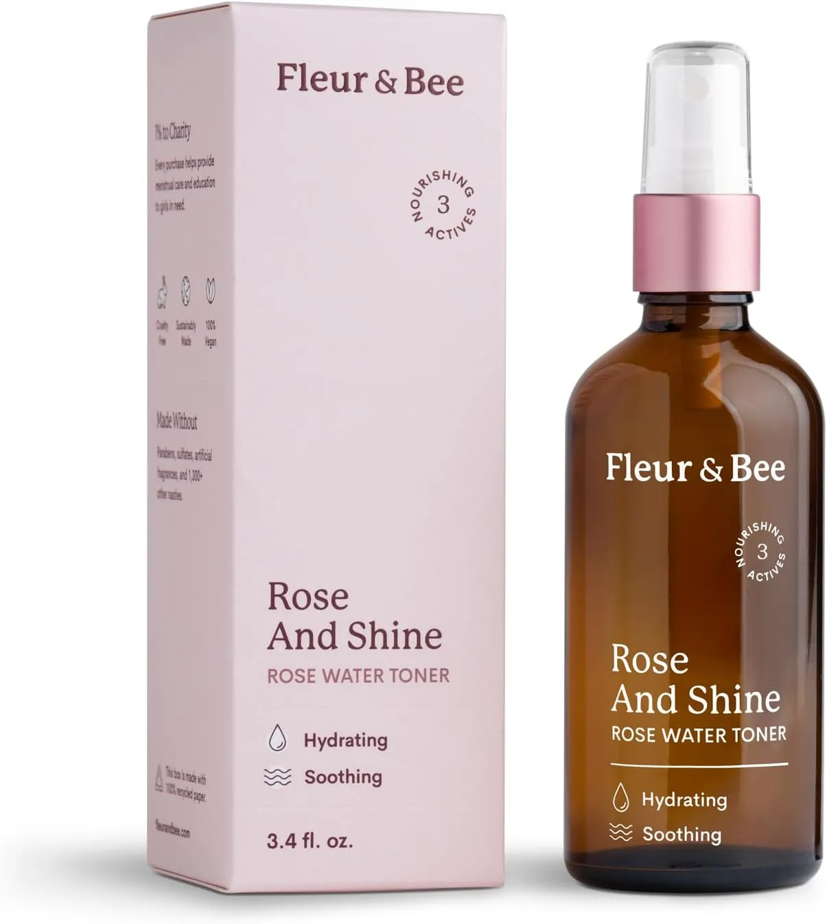 Rosewater Toner | 100% Vegan & Cruelty Free | Hydrating Rose Water Spray Mist | Alcohol Free | Refreshing Facial Toner for All Skin Types | Rose and Shine by Fleur & Bee - 3.4 fl oz
