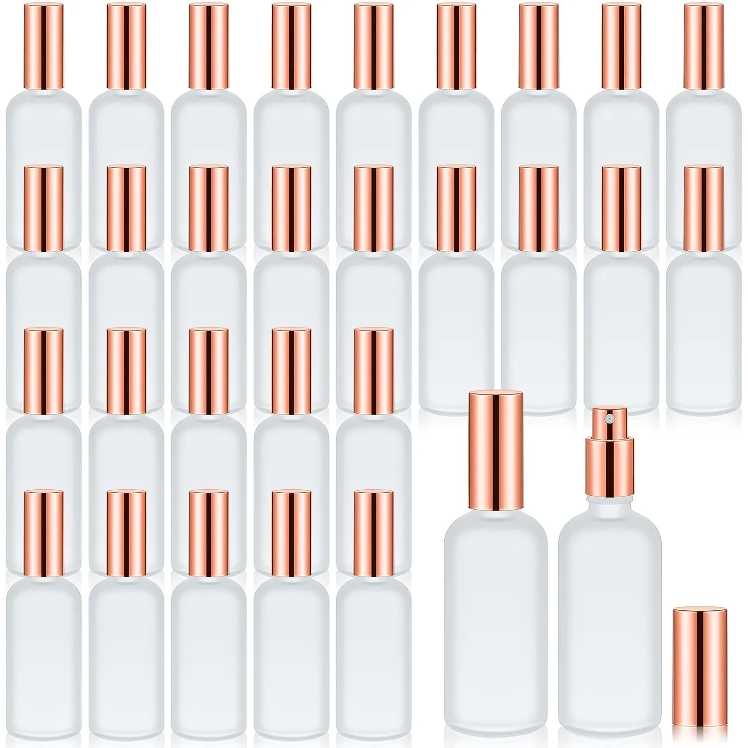 Roshtia 30 Pcs 3.4 oz Rose Gold Glass Spray Bottle Refillable Perfume Atomizer Clear Decorative Empty Bottles with Fine Mist Sprayer Pump for Face Body Travel