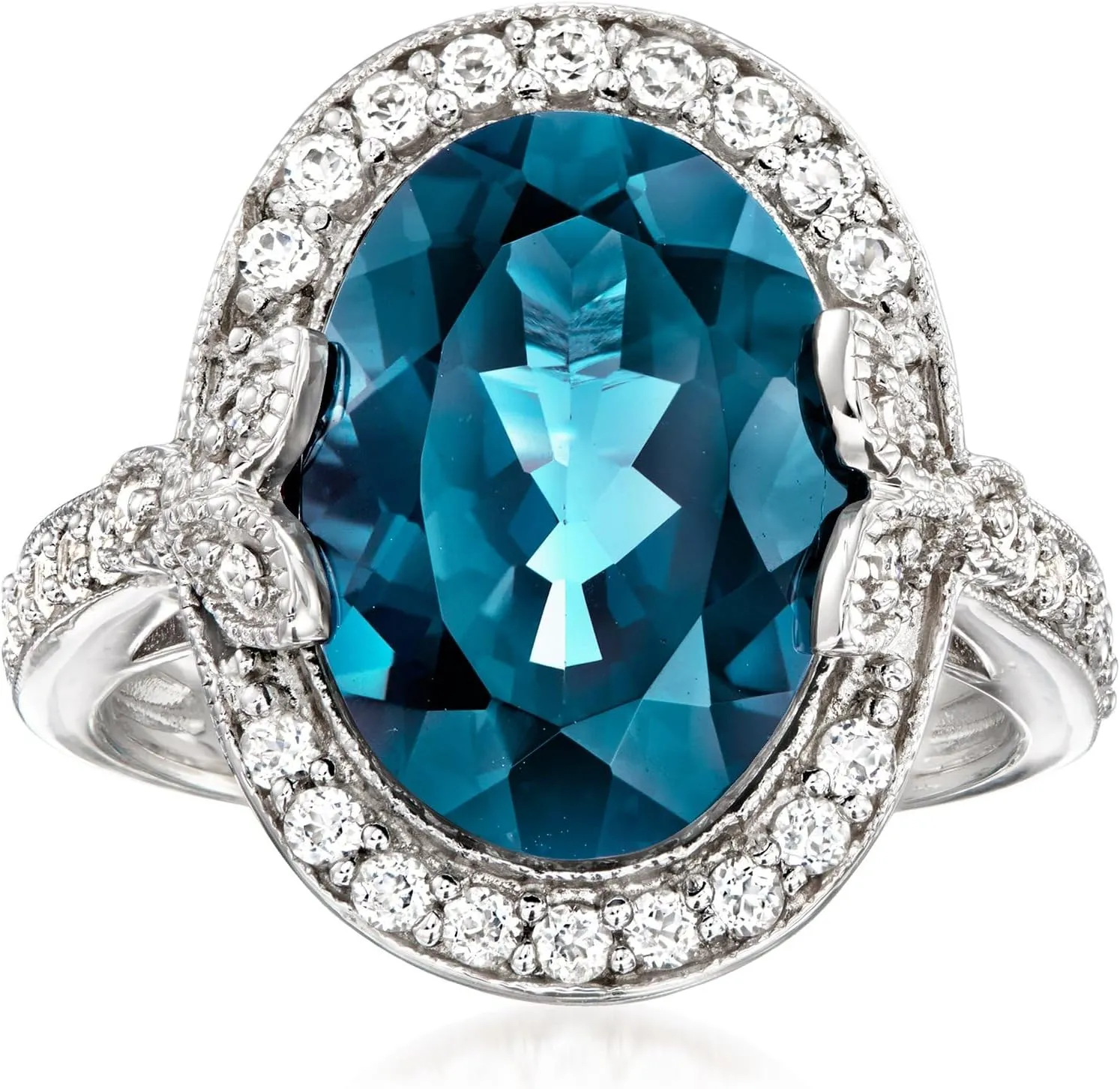 Ross-Simons 7.89 ct. t.w. London Blue and White Topaz Ring With Diamonds in Sterling Silver