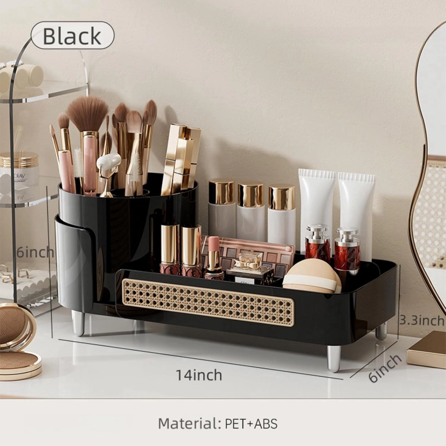 Rotating Makeup Organizer Countertop,Large Capacity Makeup Organizers for Vanity,2 in 1 makeup storage organizer for Bathrooms,Cosmetic Display Case (Black)