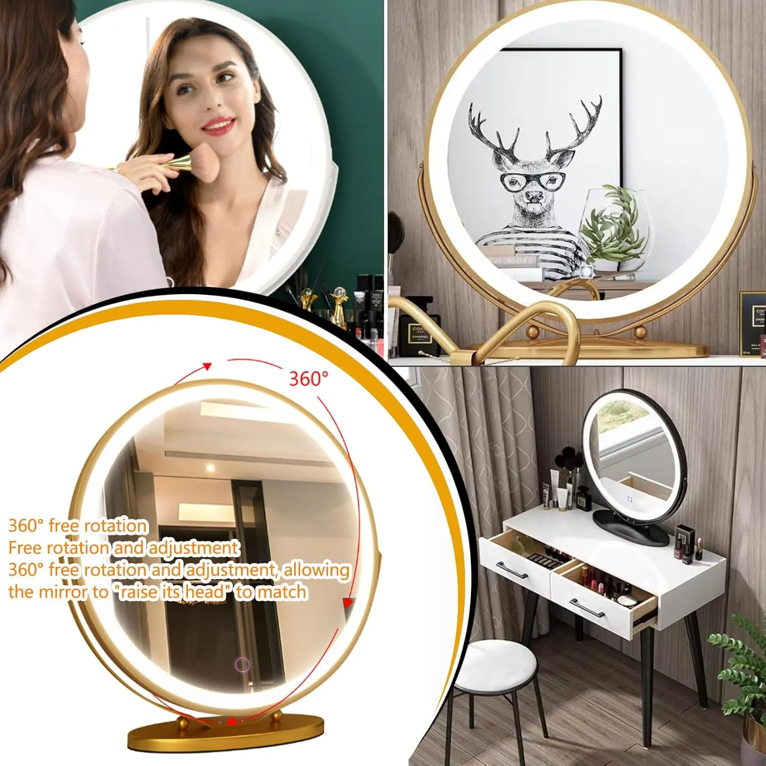 Round Vanity Mirror with Lights, Large Vanity Mirror with 3 Color Lighting Dimmable, Smart Touch Control, Touch Control, 2025 New 360°Rotation Round Desk Mirror, Easy to Assemble,30CM,White