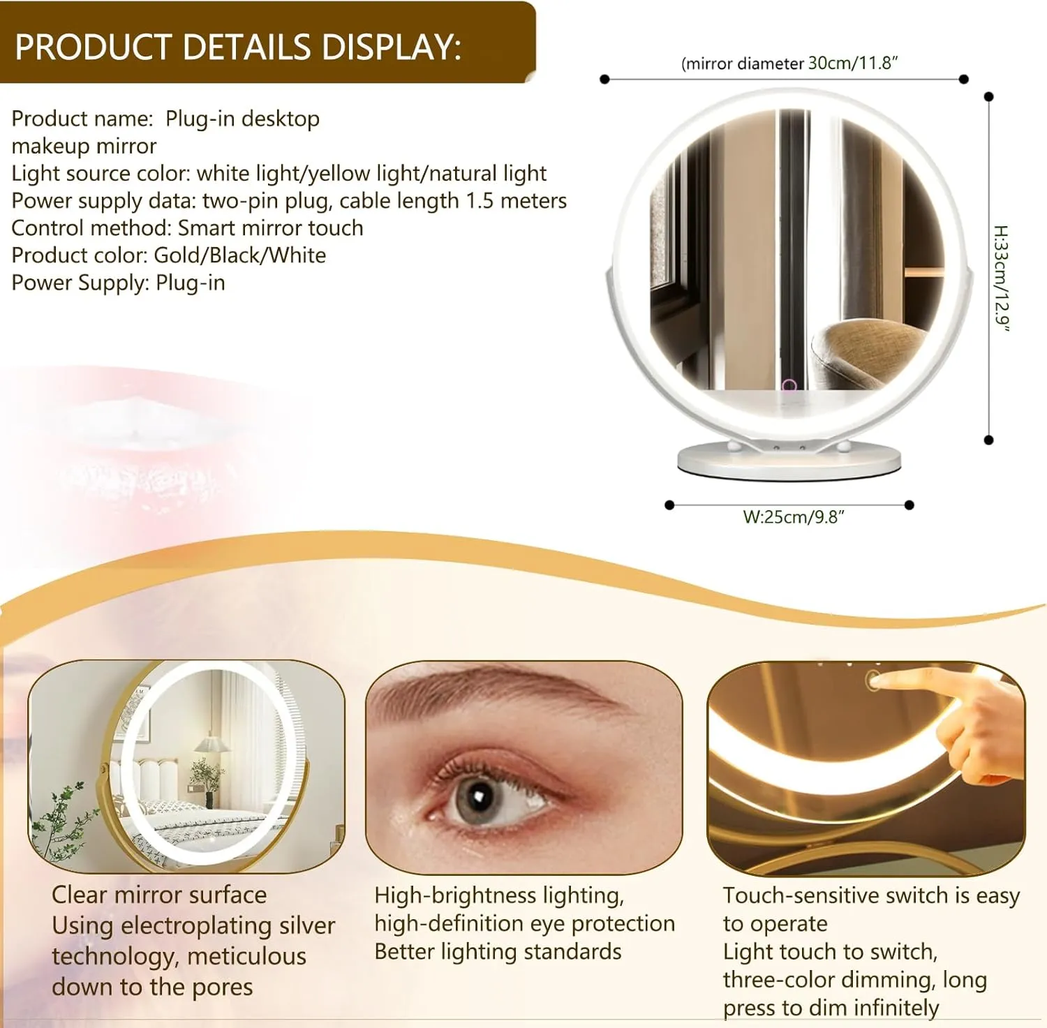 Round Vanity Mirror with Lights, Large Vanity Mirror with 3 Color Lighting Dimmable, Smart Touch Control, Touch Control, 2025 New 360°Rotation Round Desk Mirror, Easy to Assemble,30CM,White