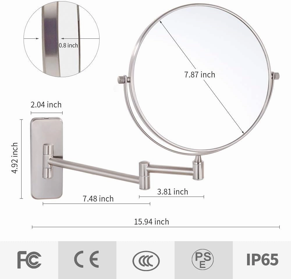Round Bathroom Mirror, Makeup Mirror Wall Mounted, 360 Rotation Free Standing Portable, Ideal for Applying Make-up, Wearing Contacts and Shaving, Etc