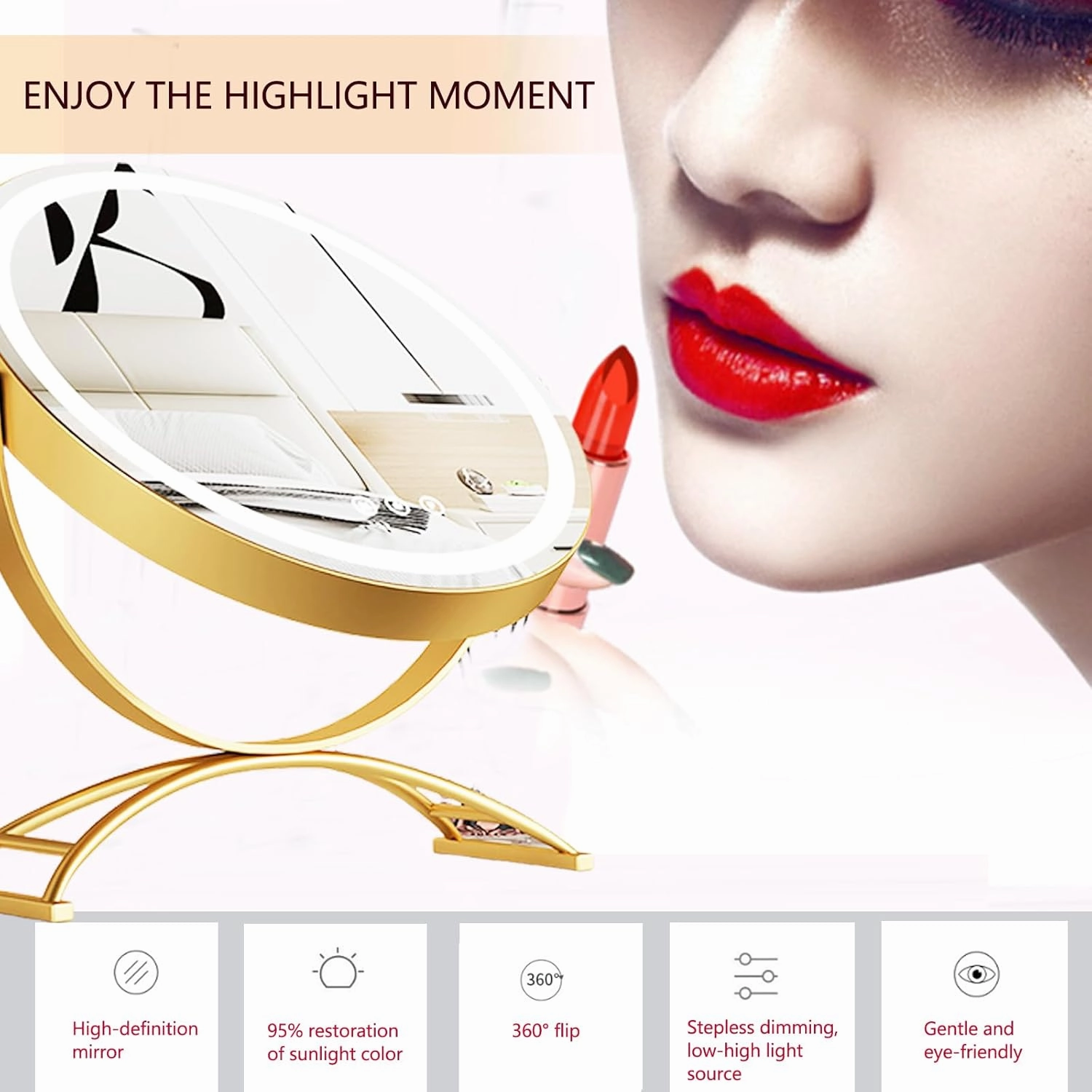 Round LED Vanity Mirror with Aluminum Alloy Frame and Glass, Smart Touch Control, 3-Color Dimmable Lighting, LED Makeup Mirror with Lights for Bedroom Tabletop, Smart Touch Control, 360° Rotation