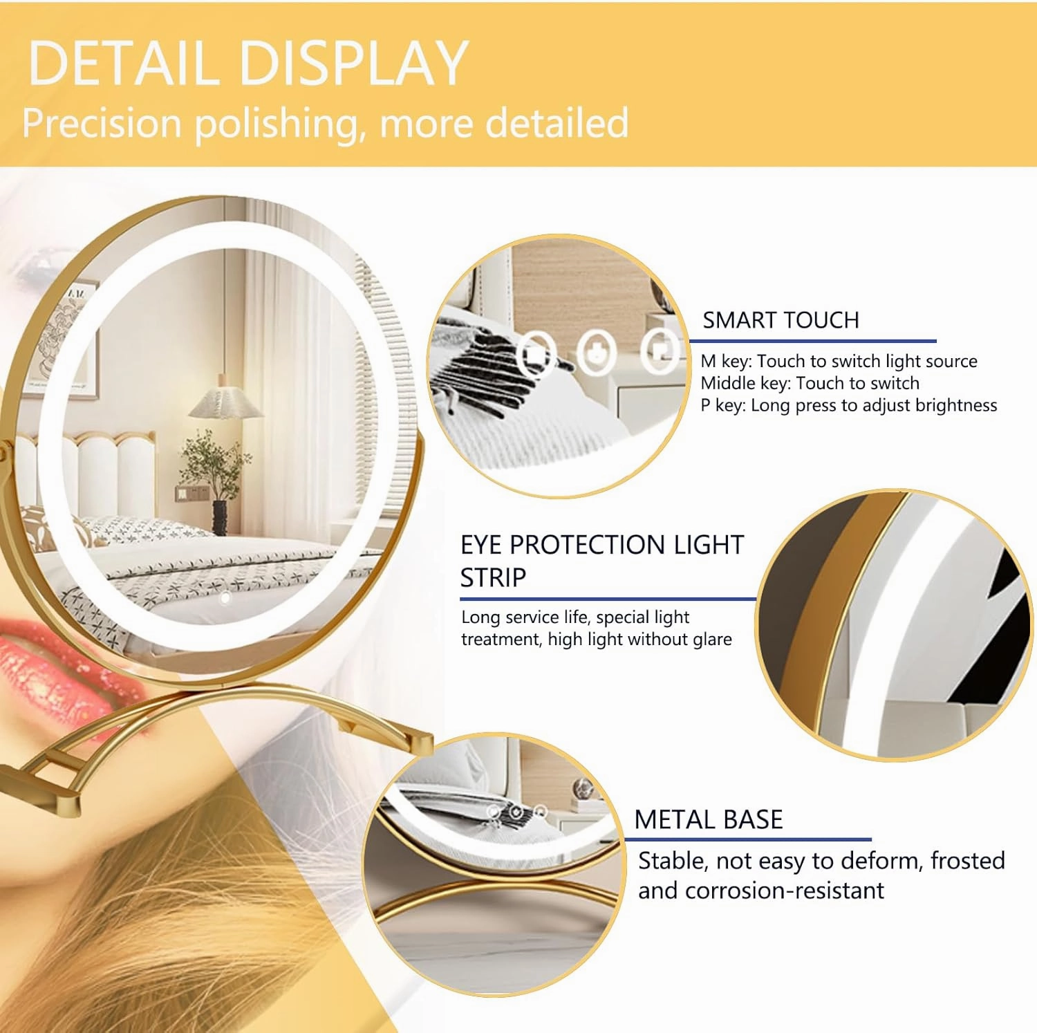 Round LED Vanity Mirror with Aluminum Alloy Frame and Glass, Smart Touch Control, 3-Color Dimmable Lighting, LED Makeup Mirror with Lights for Bedroom Tabletop, Smart Touch Control, 360° Rotation