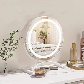 Round LED Vanity Mirror with Aluminum Alloy Frame and Glass, Smart Touch Control, 3-Color Dimmable Lighting, LED Makeup Mirror with Lights for Bedroom Tabletop, Smart Touch Control, 360° Rotation