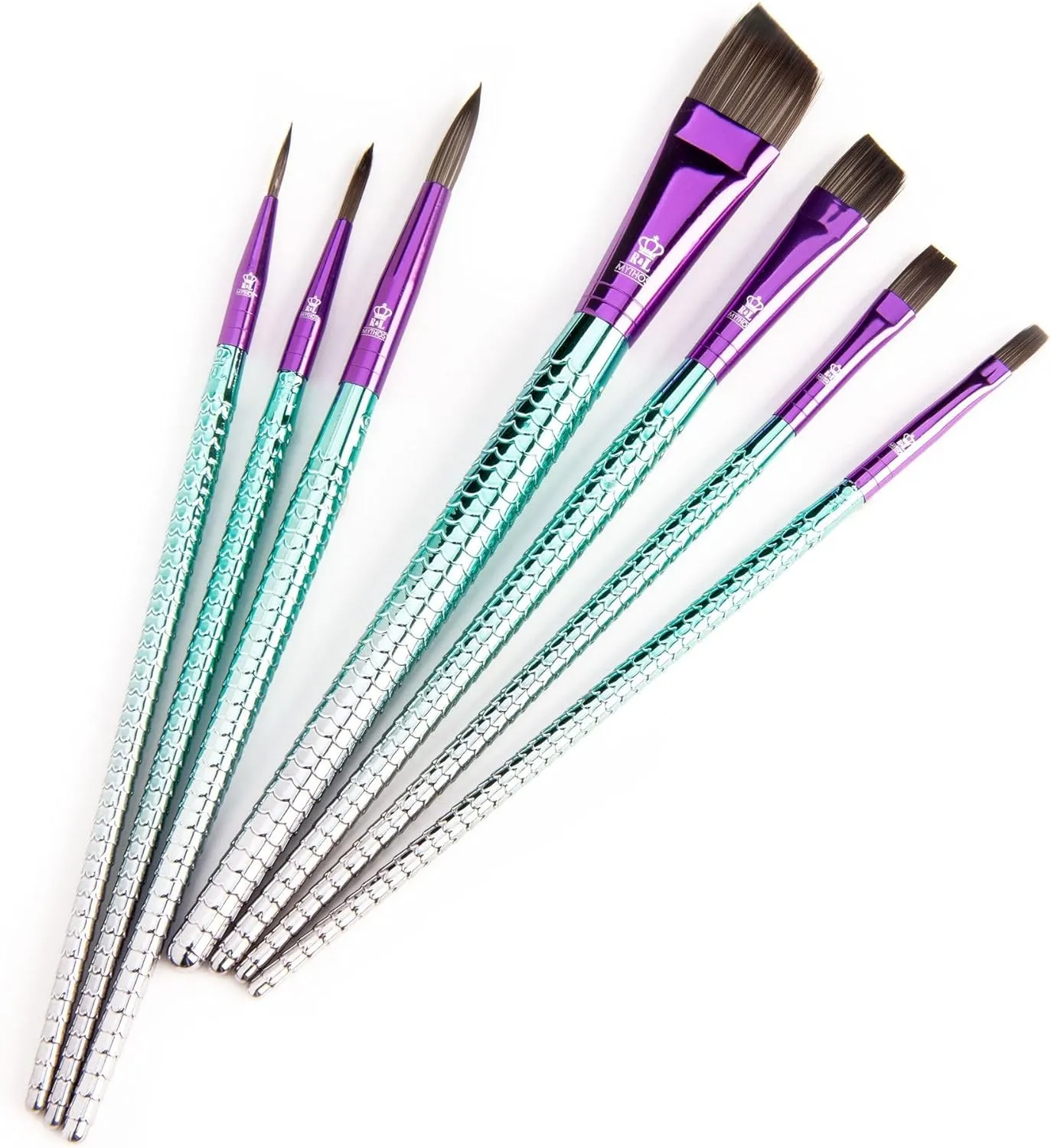 Royal & Langnickel Mythos, 7pc Mermaid 204 Variety Craft Brush Set for All Painting Mediums, Includes - Angular, Shader & Round Brushes Teal