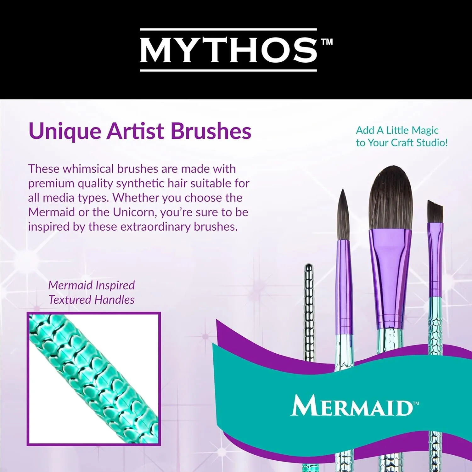 Royal & Langnickel Mythos, 7pc Mermaid 204 Variety Craft Brush Set for All Painting Mediums, Includes - Angular, Shader & Round Brushes Teal