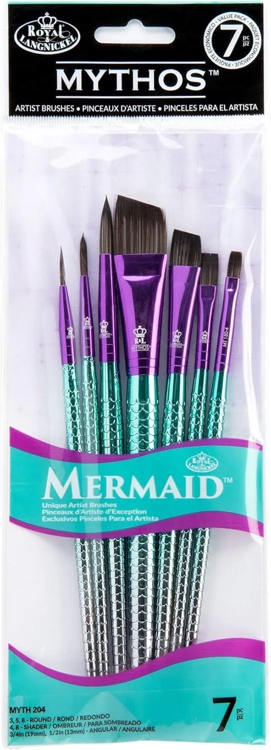 Royal & Langnickel Mythos, 7pc Mermaid 204 Variety Craft Brush Set for All Painting Mediums, Includes - Angular, Shader & Round Brushes Teal