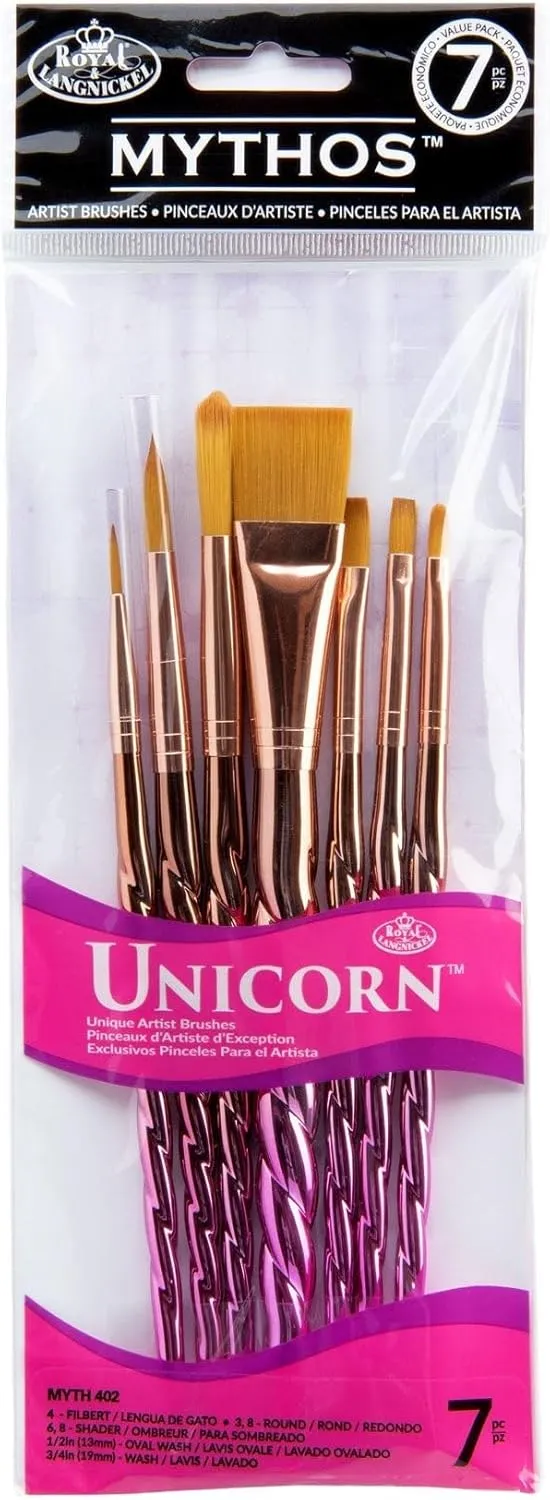 Royal & Langnickel Mythos, 7pc Unicorn Variety Craft Brush Set for All Painting Mediums, Includes - Filbert, Shader, Oval Wash, Round & Wash Brushes