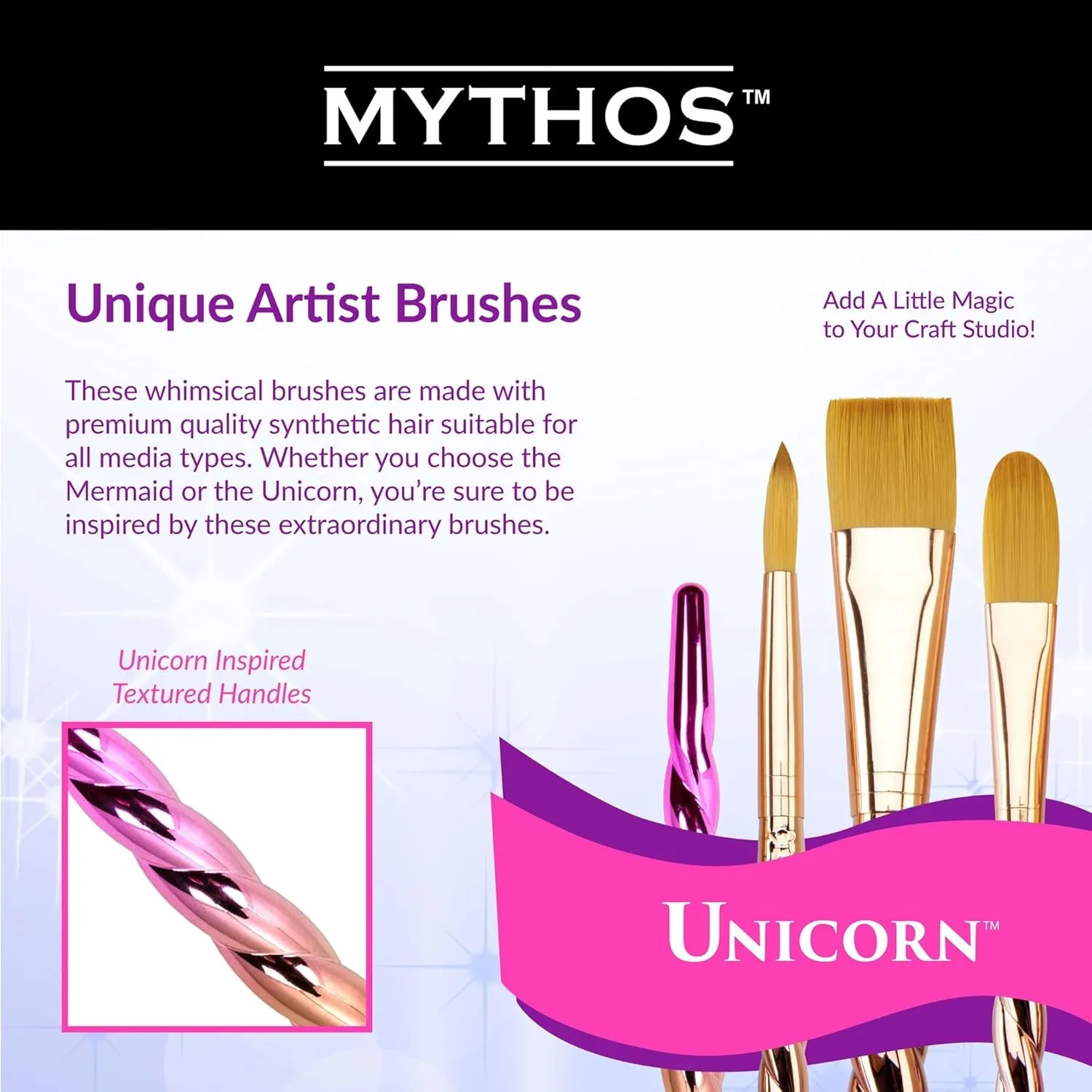 Royal & Langnickel Mythos, 7pc Unicorn Variety Craft Brush Set for All Painting Mediums, Includes - Filbert, Shader, Oval Wash, Round & Wash Brushes
