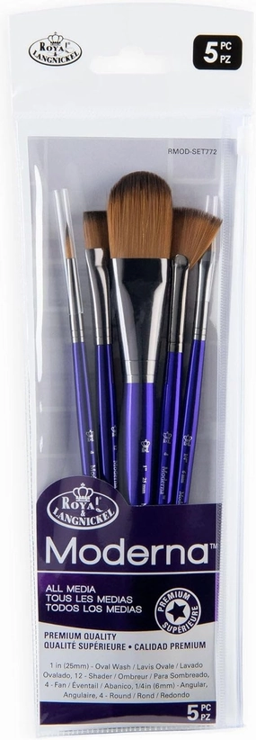 Royal & Langnickel Moderna, 5pc Variety Brush Set for All Painting Mediums, Includes - Oval Wash, Angular, Shader, Fan & Round Brushes