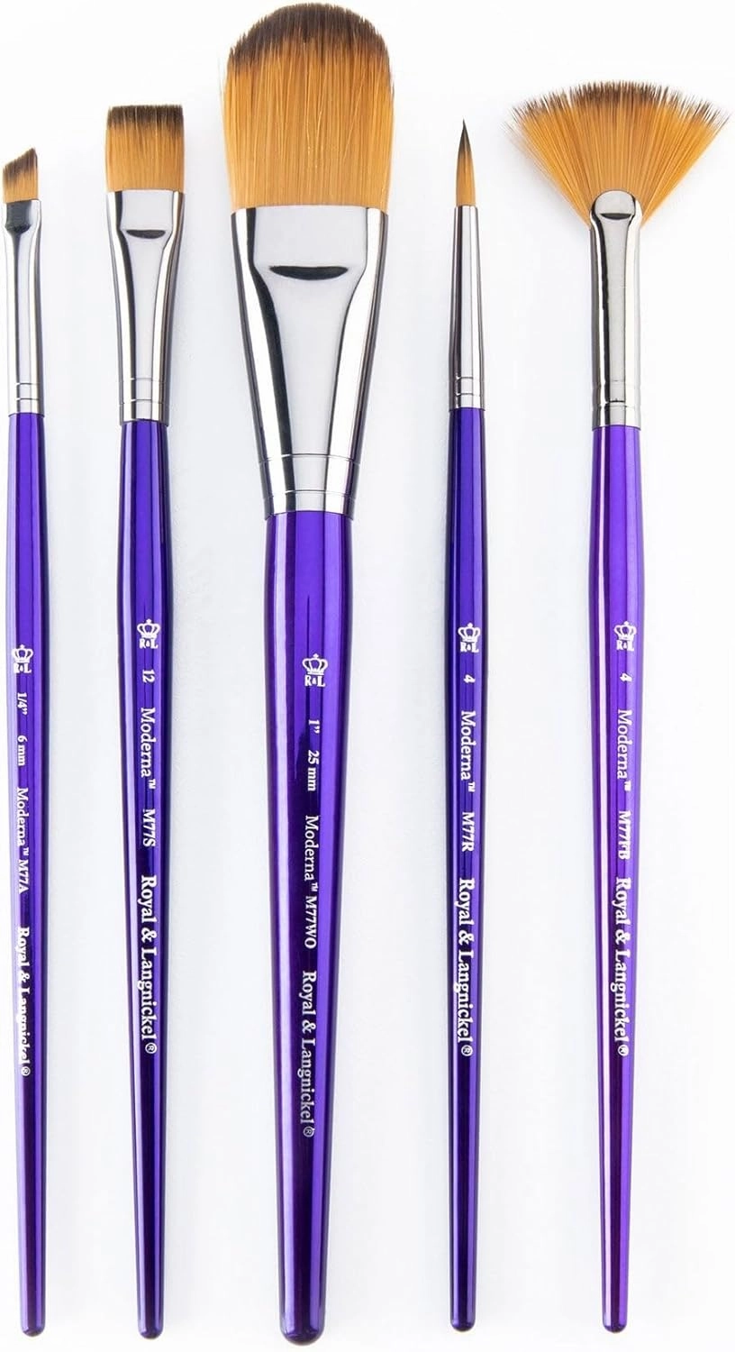Royal & Langnickel Moderna, 5pc Variety Brush Set for All Painting Mediums, Includes - Oval Wash, Angular, Shader, Fan & Round Brushes