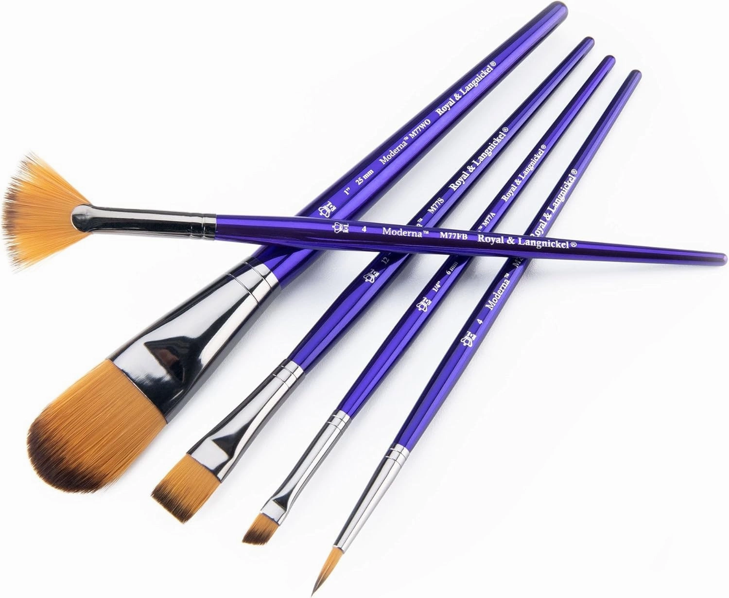 Royal & Langnickel Moderna, 5pc Variety Brush Set for All Painting Mediums, Includes - Oval Wash, Angular, Shader, Fan & Round Brushes