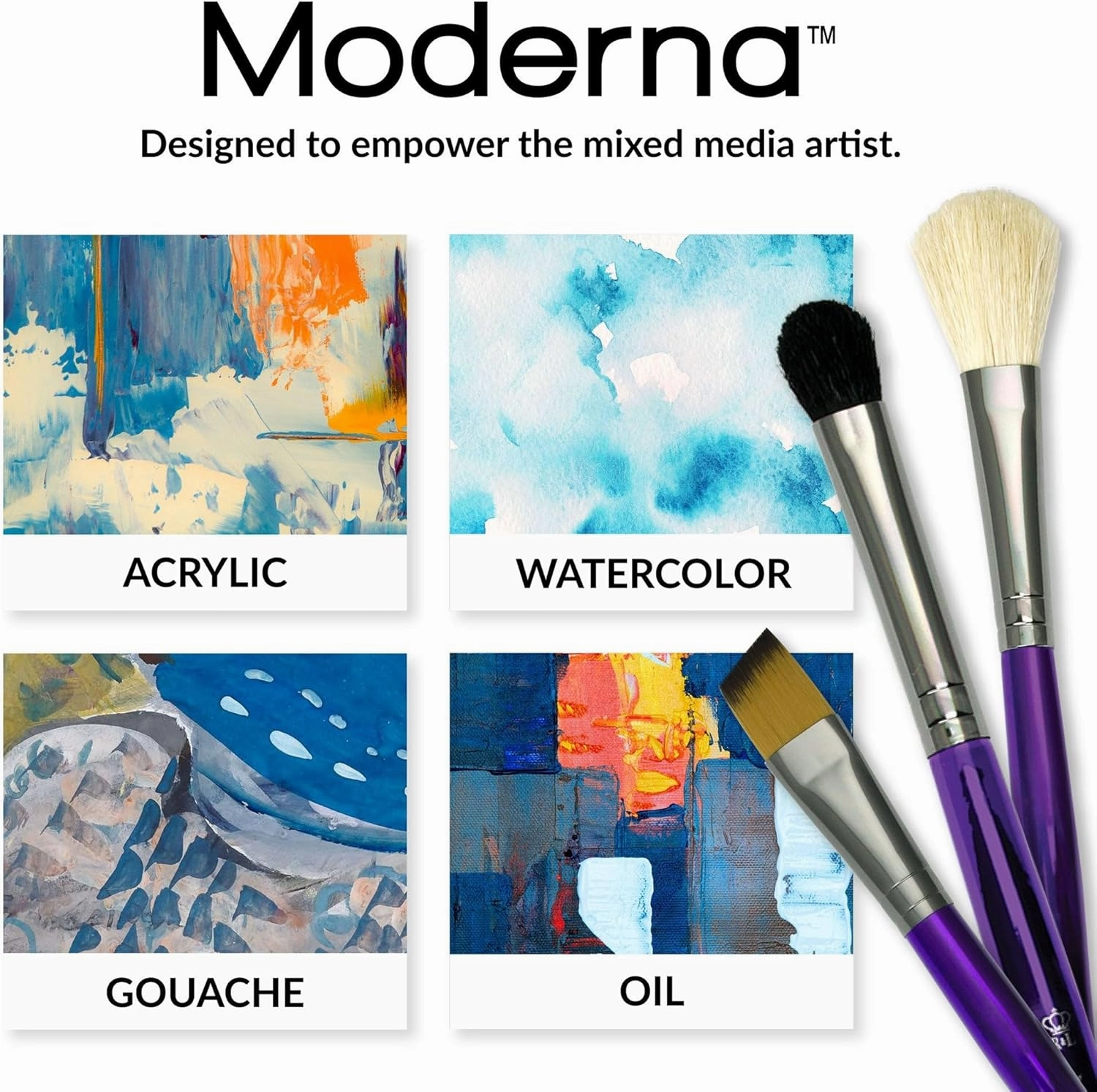 Royal & Langnickel Moderna, 5pc Variety Brush Set for All Painting Mediums, Includes - Oval Wash, Angular, Shader, Fan & Round Brushes