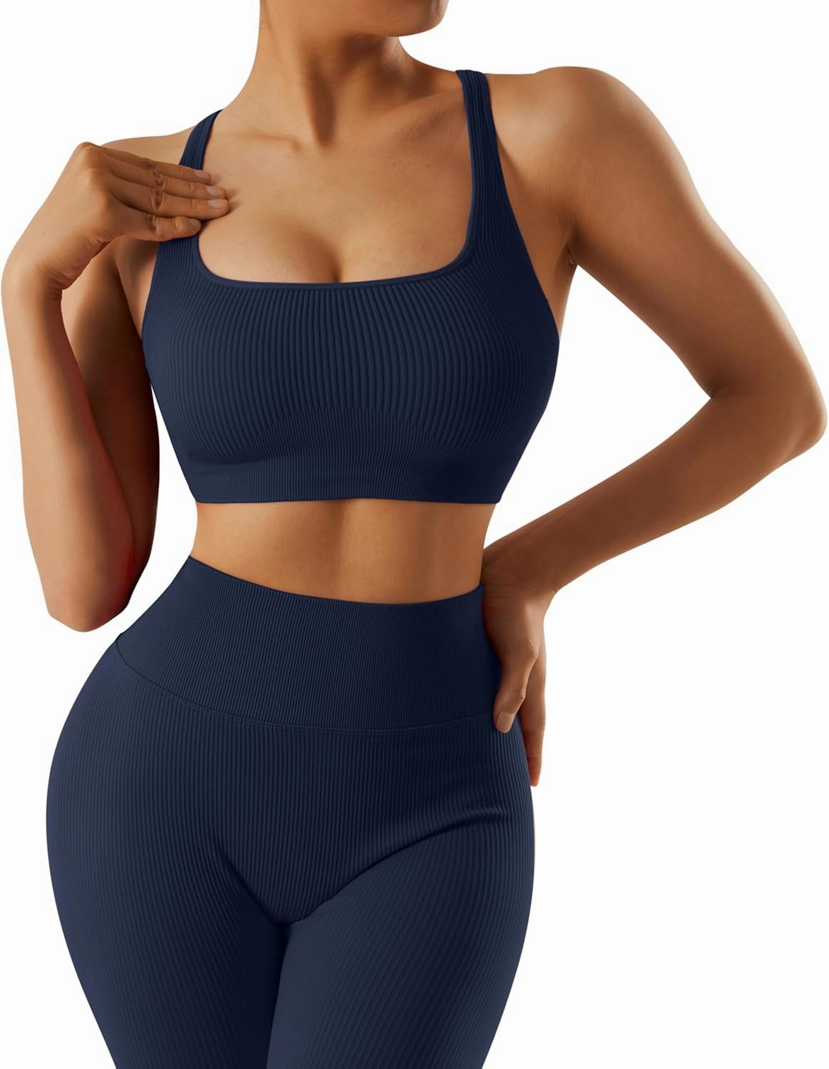 RXRXCOCO Ribbed Workout Sets for Women 2 Piece Backless Strappy Sports Bra Seamless Leggings Matching Set Yoga Outfits