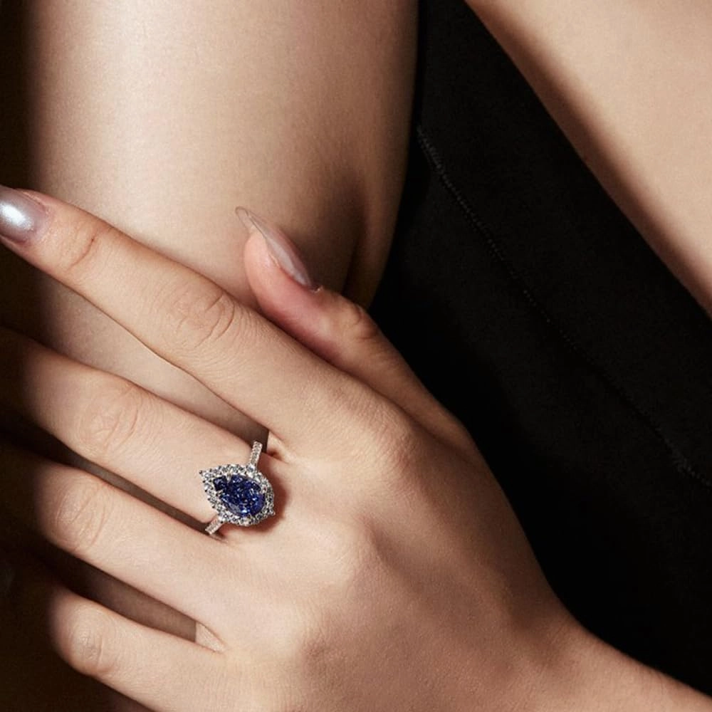 S925 Sterling Silver Statement Ring with 6ct Sapphire & Moissanite, Blue Rings for Women, A Symphony of Elegance and Grace
