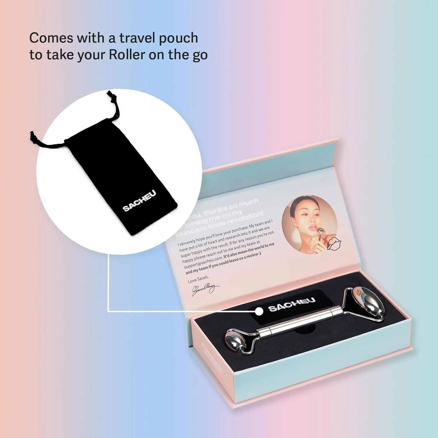 Sacheu Stainless Steel Face Roller Skin Care and Lymphatic Drainage — Cooling Metal Roller for Puffiness, Wrinkles, and Face Lifting, Dual-Sided Facial and Eye Massager, Includes Travel Pouch