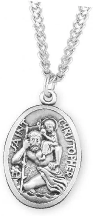 Saint Christopher Oval Sterling Silver Medal 1.3" X 0.8" NI-9124 Christian Amulet Medal Pendant Religious Protector Jewelry For Men Women Catholic Charm Dangle