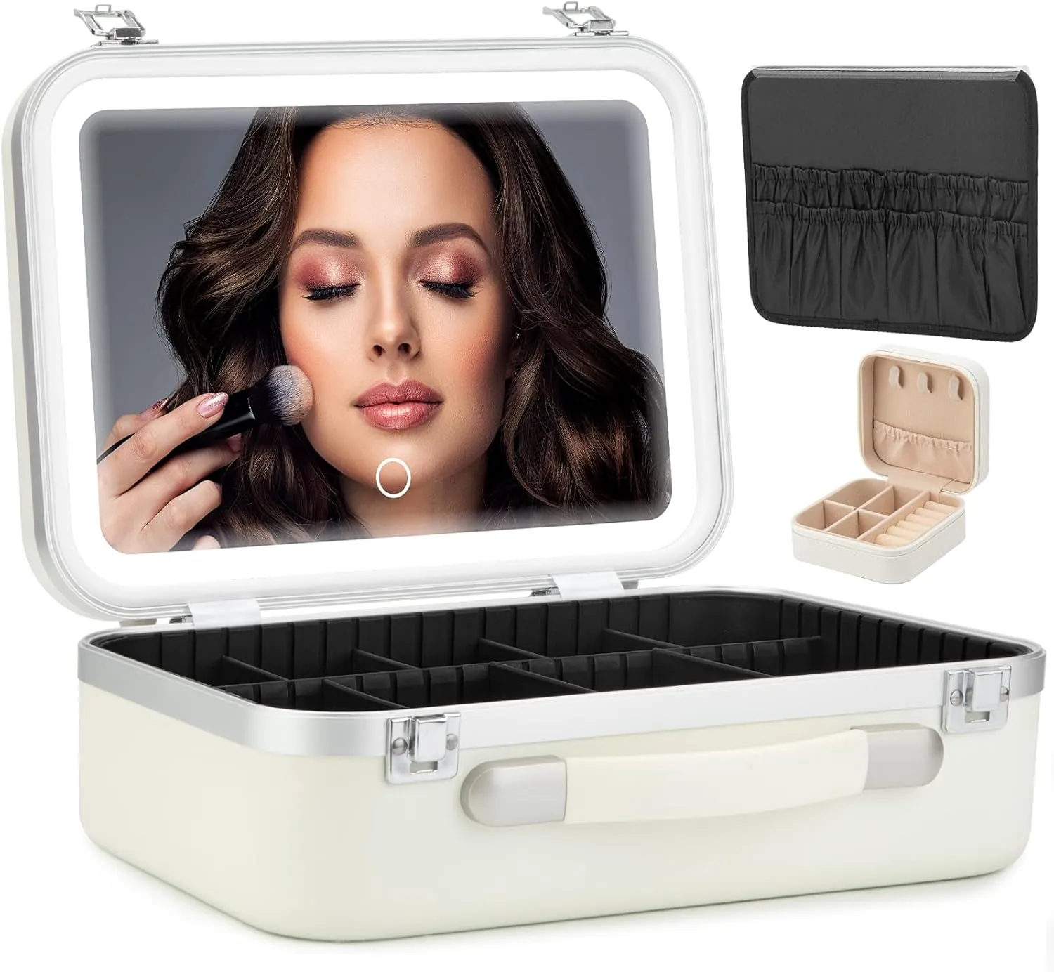 S&N Remille Travel Makeup Case with LED Light Mirror, Portable Waterproof Makeup Bag with 3 Adjustable Color Brightness Professional Cosmetic Train Case Organizer with Adjustable Dividers (White)