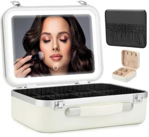 S&N Remille Travel Makeup Case with LED Light Mirror, Portable Waterproof Makeup Bag with 3 Adjustable Color Brightness Professional Cosmetic Train Case Organizer with Adjustable Dividers (White)