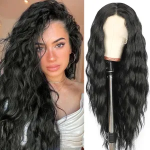SAPPHIREWIGS Loose Deep Wave Wig Black 13×4 Lace Front Wigs Pre Plucked Hairline Synthetic Butter Lace Frontal Crimp Curly Wigs for Black Women Cosplay Daily Party Use