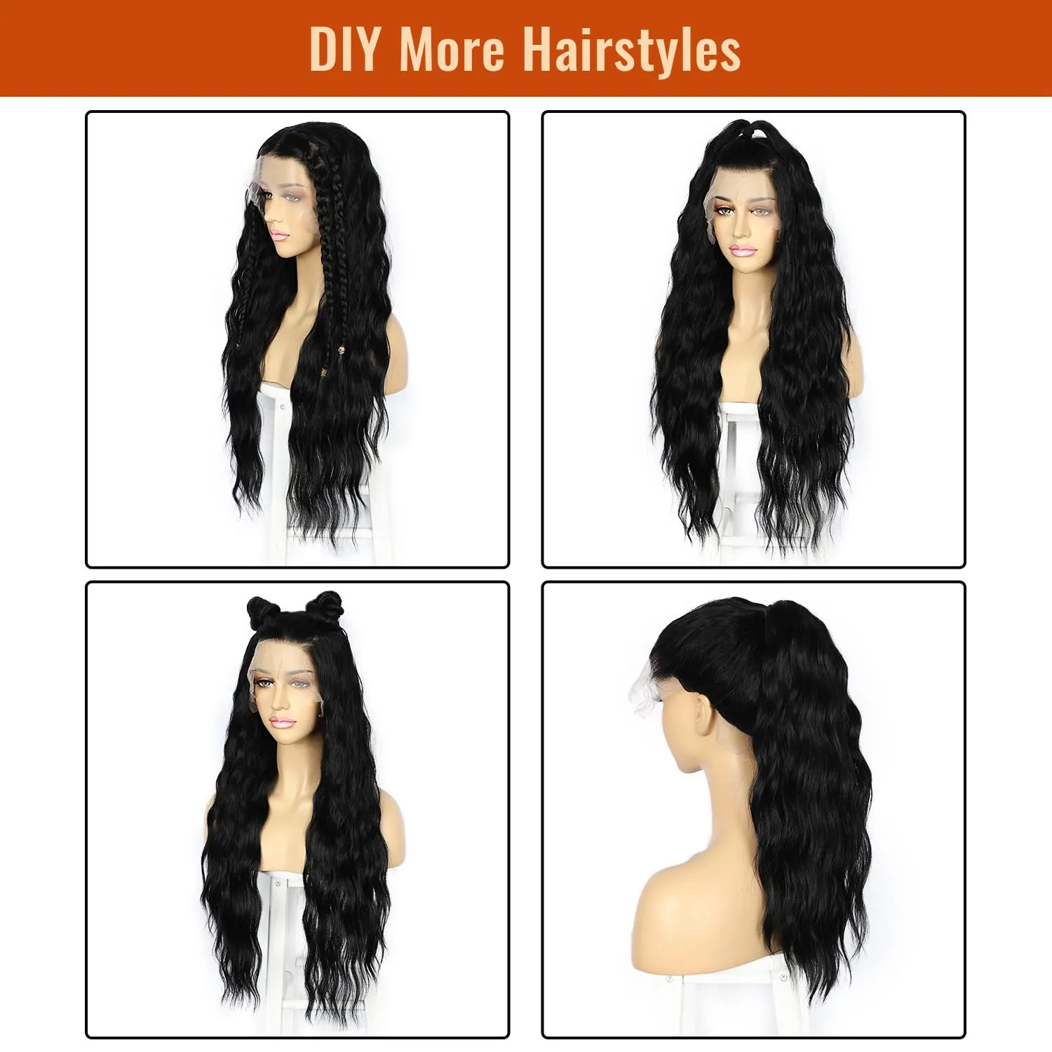 SAPPHIREWIGS Loose Deep Wave Wig Black 13×4 Lace Front Wigs Pre Plucked Hairline Synthetic Butter Lace Frontal Crimp Curly Wigs for Black Women Cosplay Daily Party Use