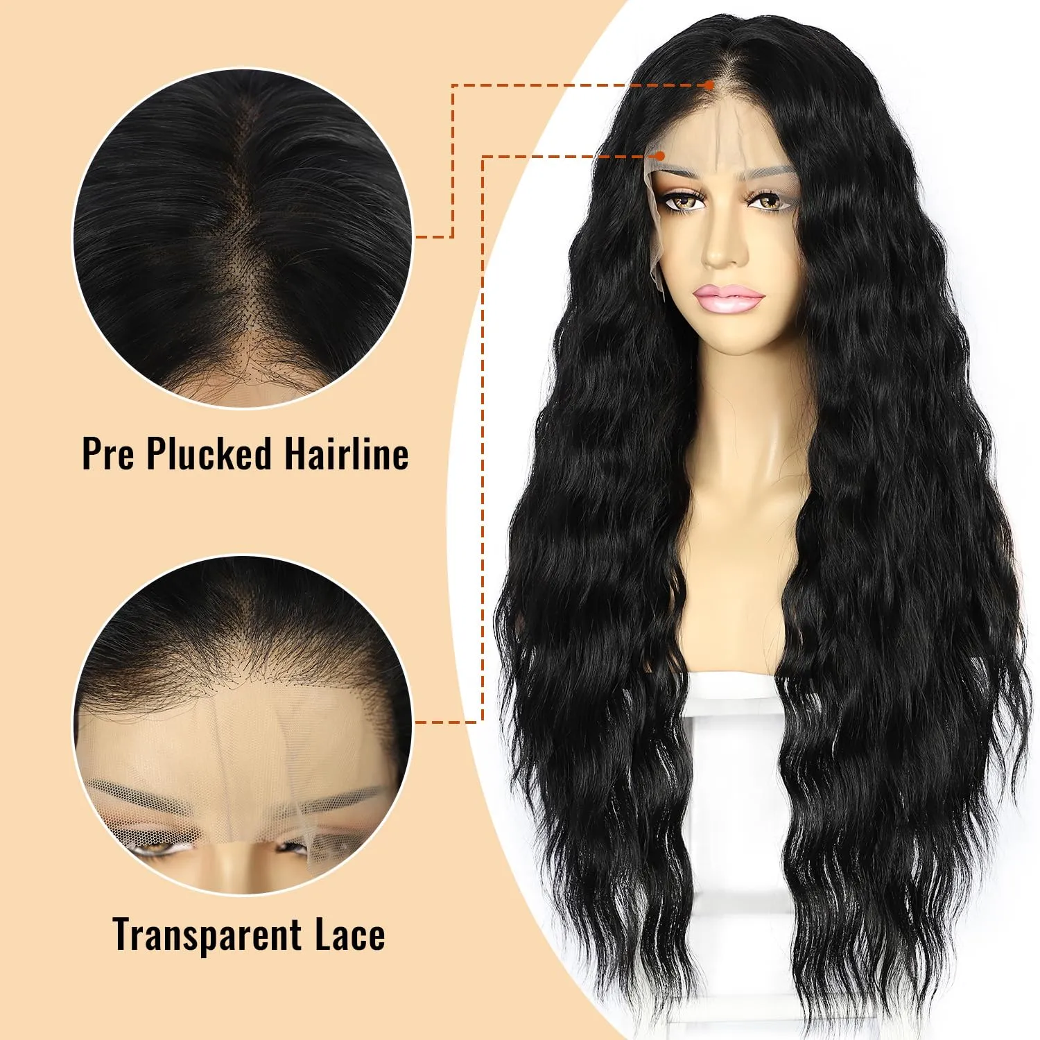 SAPPHIREWIGS Loose Deep Wave Wig Black 13×4 Lace Front Wigs Pre Plucked Hairline Synthetic Butter Lace Frontal Crimp Curly Wigs for Black Women Cosplay Daily Party Use