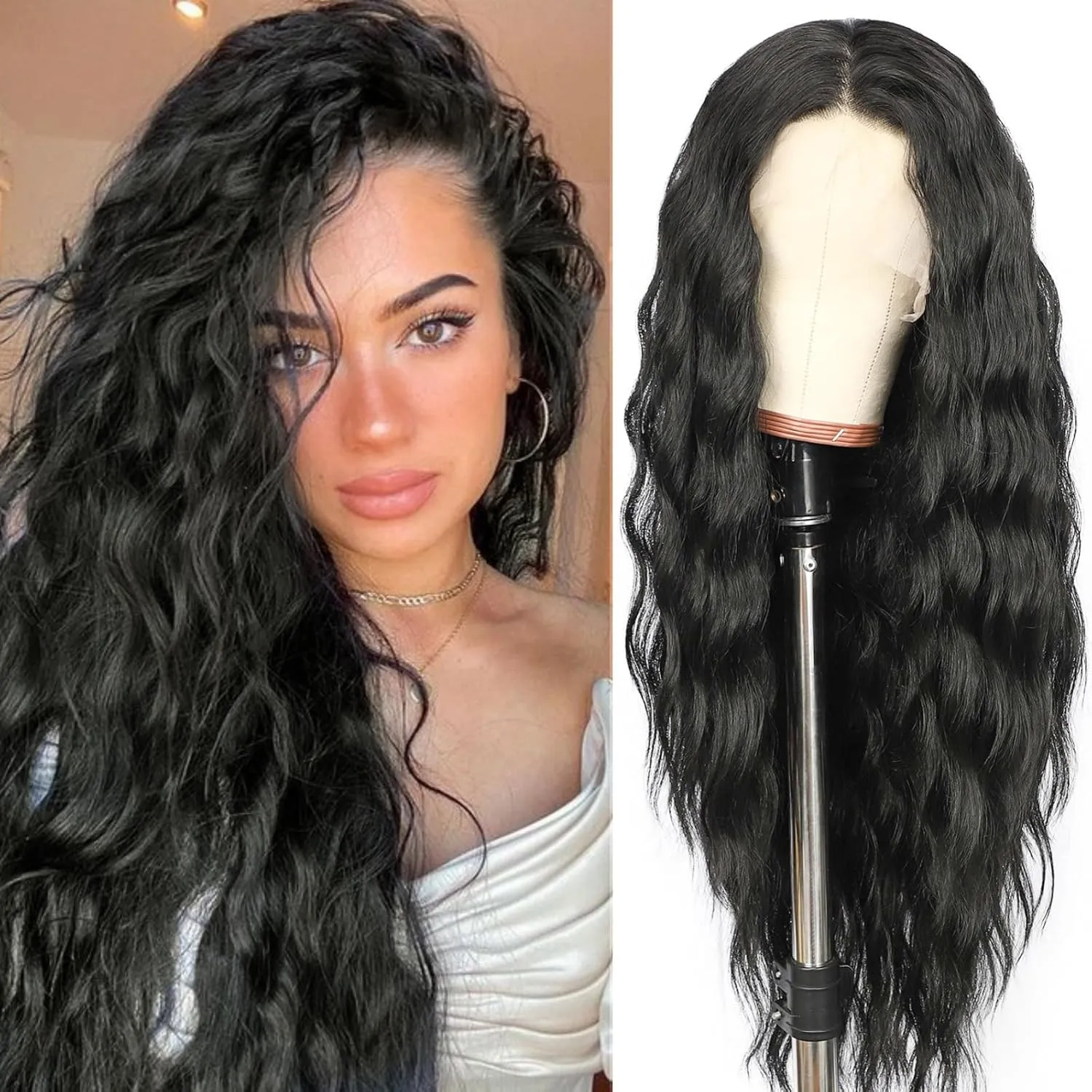 SAPPHIREWIGS Loose Deep Wave Wig Black 13×4 Lace Front Wigs Pre Plucked Hairline Synthetic Butter Lace Frontal Crimp Curly Wigs for Black Women Cosplay Daily Party Use