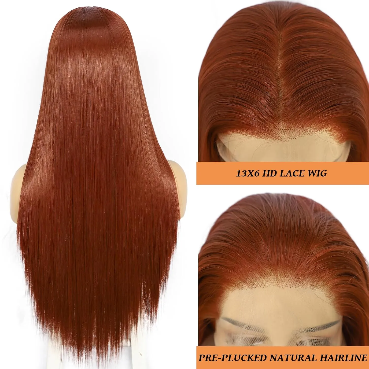 SAPPHIREWIGS Reddish Brown #350 Color Natural Straight Hairline No-Tangle Natural Hairline 6×13 Big Lace Freedom Part Daily Makeup Easter Gift Synthetic Lace Front Wigs