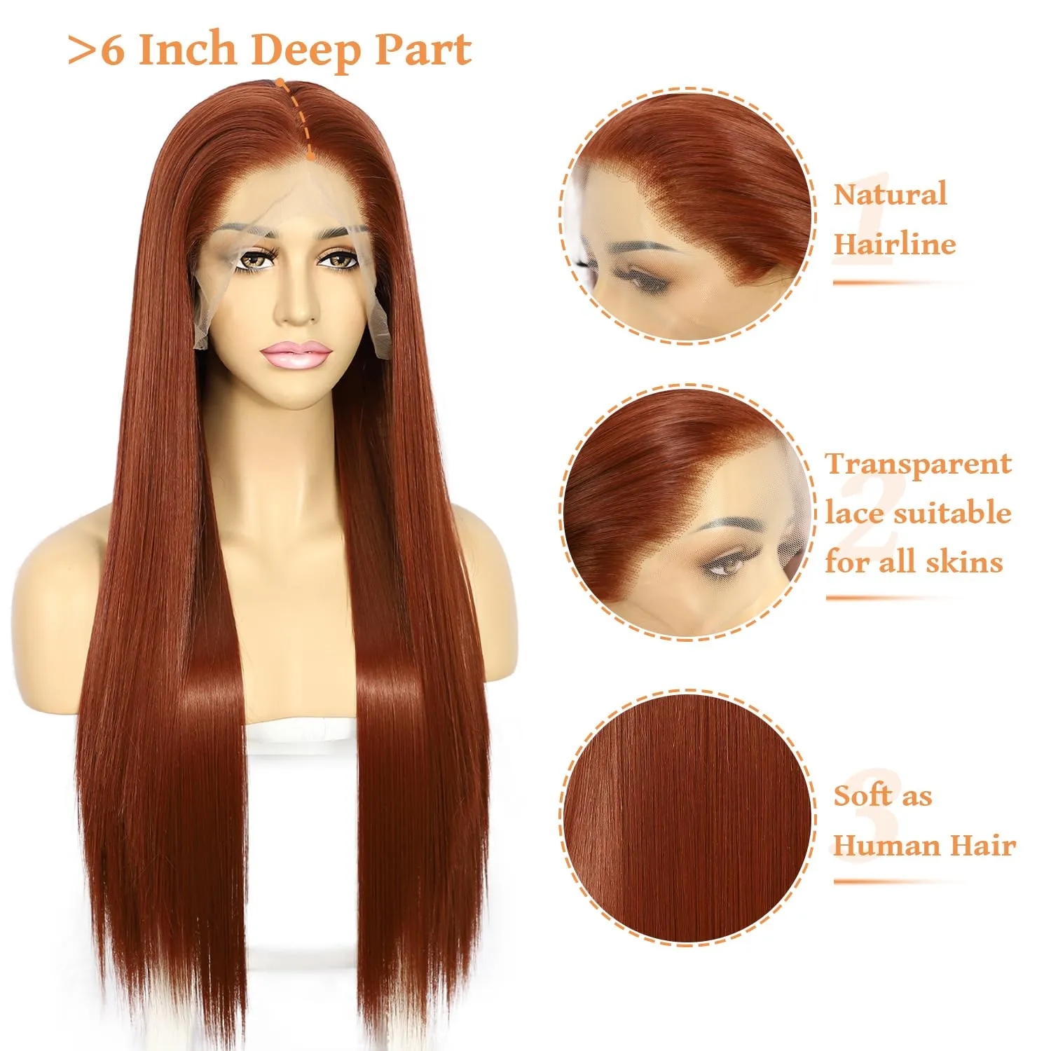 SAPPHIREWIGS Reddish Brown #350 Color Natural Straight Hairline No-Tangle Natural Hairline 6×13 Big Lace Freedom Part Daily Makeup Easter Gift Synthetic Lace Front Wigs
