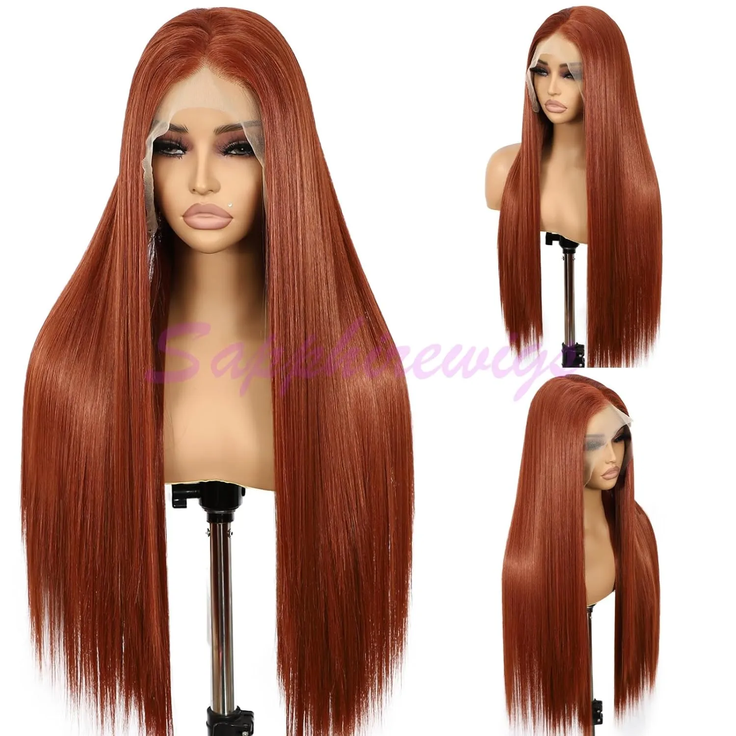 SAPPHIREWIGS Reddish Brown #350 Color Natural Straight Hairline No-Tangle Natural Hairline 6×13 Big Lace Freedom Part Daily Makeup Easter Gift Synthetic Lace Front Wigs