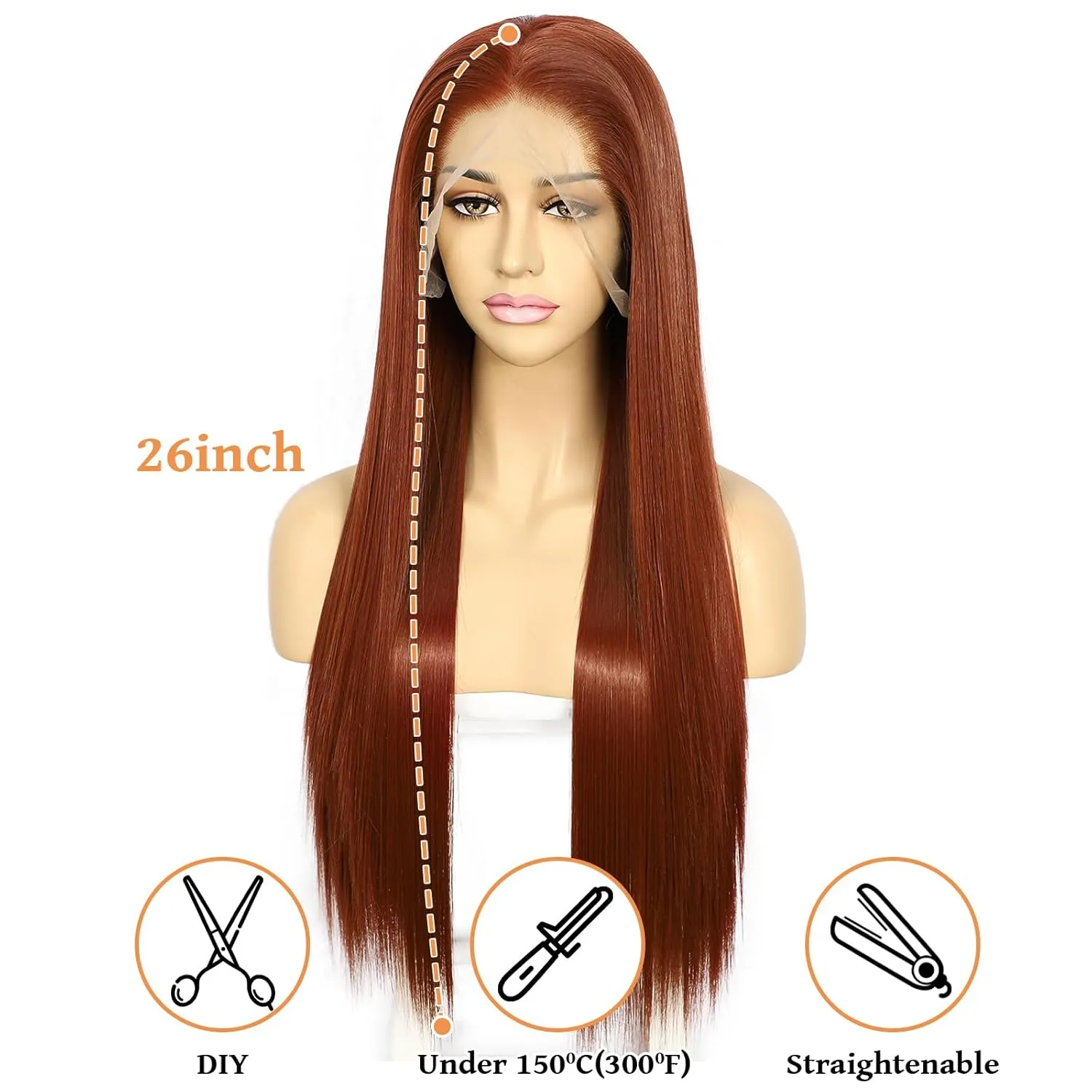SAPPHIREWIGS Reddish Brown #350 Color Natural Straight Hairline No-Tangle Natural Hairline 6×13 Big Lace Freedom Part Daily Makeup Easter Gift Synthetic Lace Front Wigs