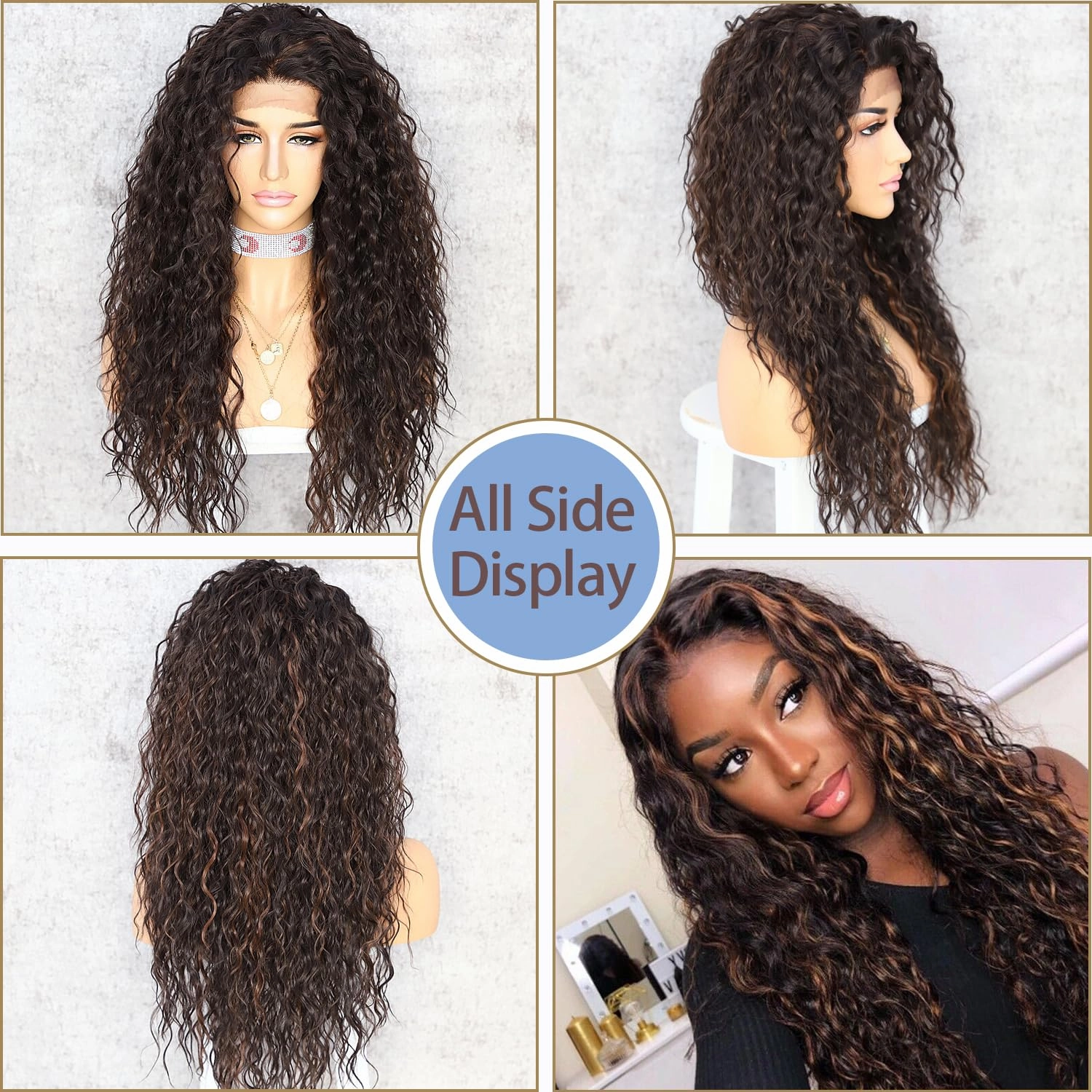 SAPPHIREWIGS Curly Synthetic Lace Front Wigs Kinky Curly Mix Brown Wig for Black Women Heat Resistant Hair Party Daily Makeup Wigs 26inch
