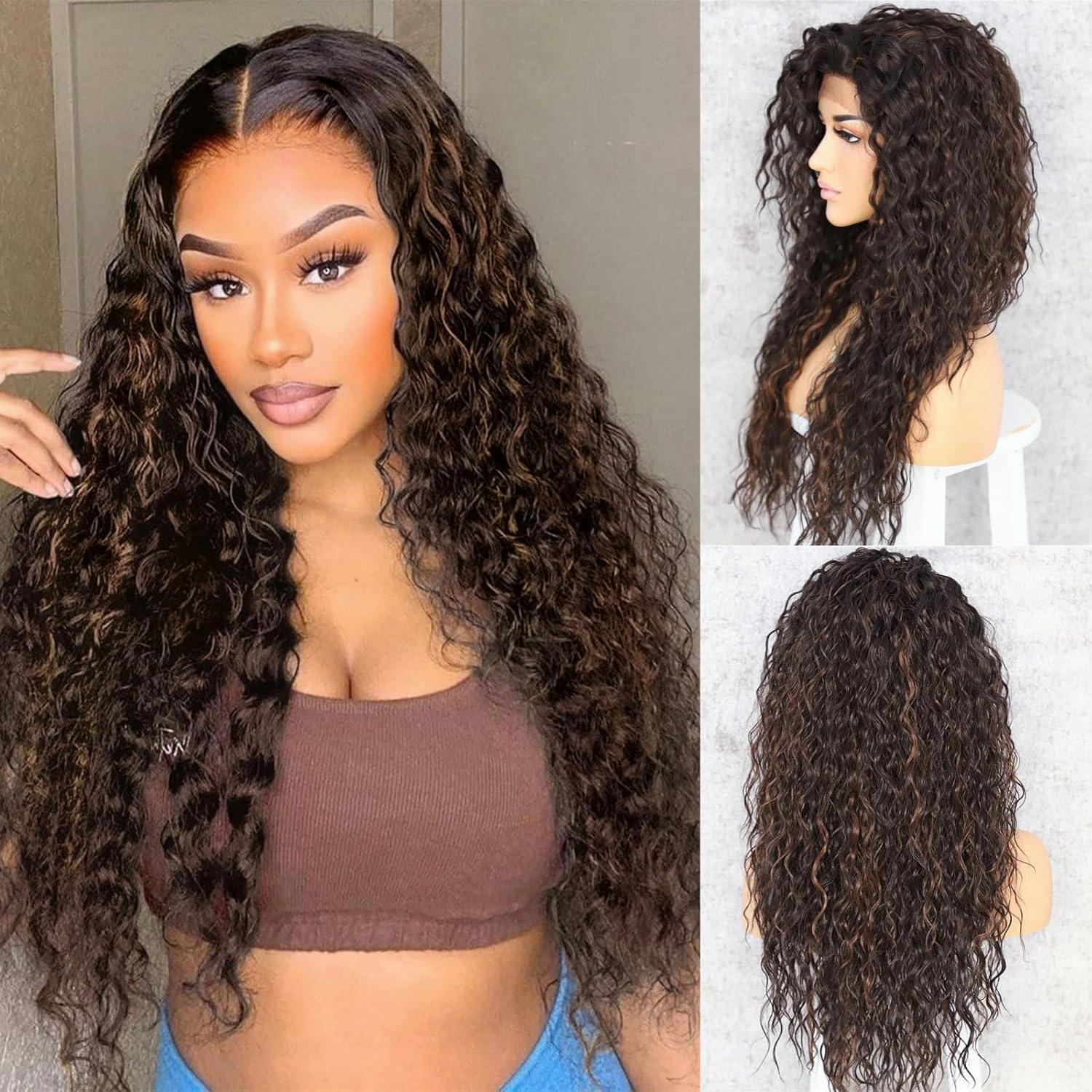 SAPPHIREWIGS Curly Synthetic Lace Front Wigs Kinky Curly Mix Brown Wig for Black Women Heat Resistant Hair Party Daily Makeup Wigs 26inch