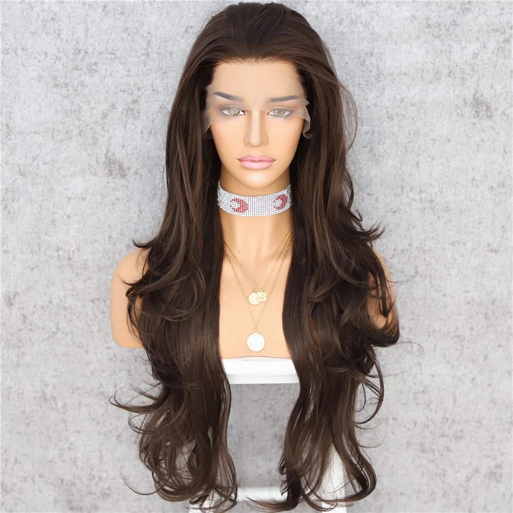 SAPPHIREWIGS Dark Brown Heat Resistant Hair Natural Wave Type Hand Tied Perruque Synthetic Lace Front Wig For Wedding Party
