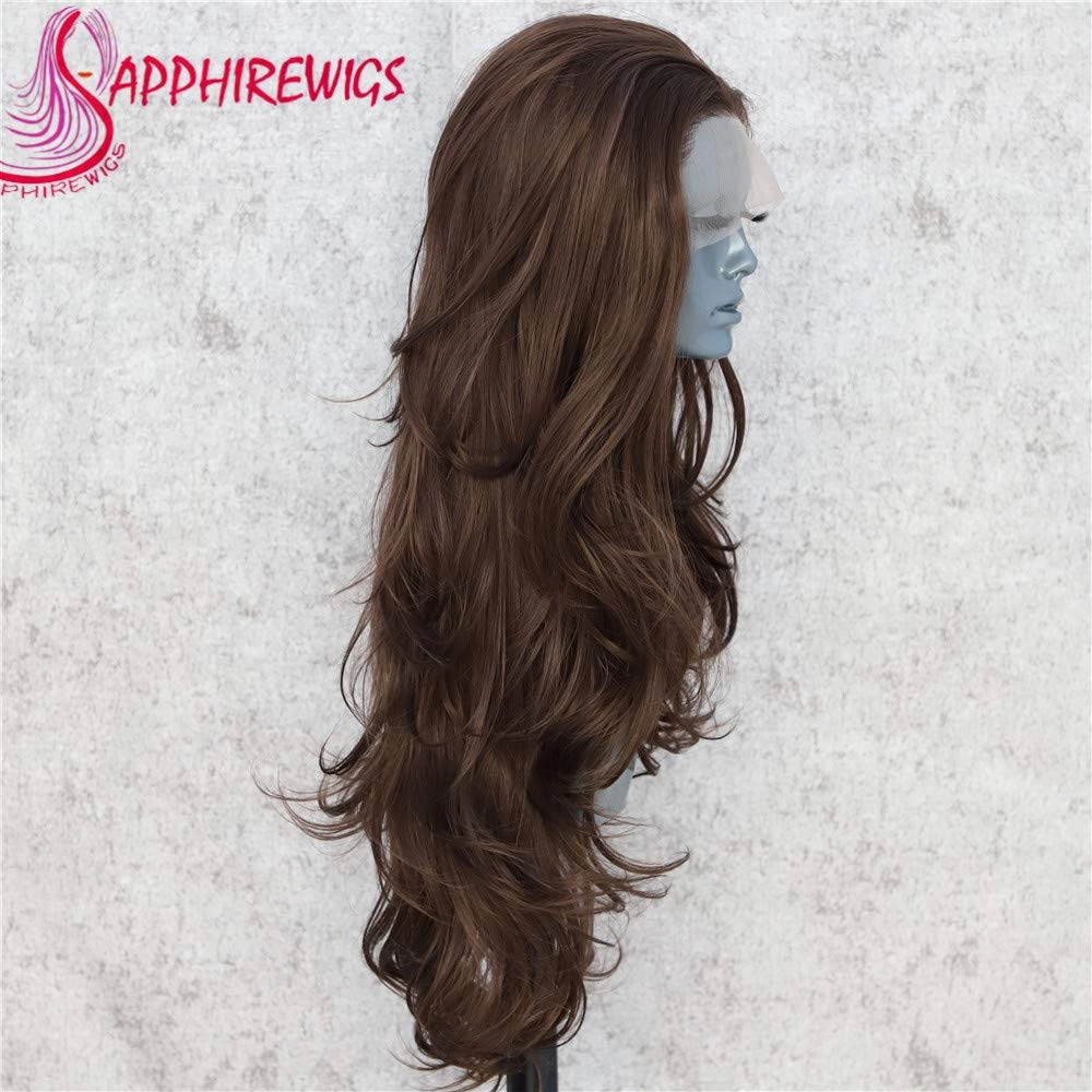 SAPPHIREWIGS Dark Brown Heat Resistant Hair Natural Wave Type Hand Tied Perruque Synthetic Lace Front Wig For Wedding Party