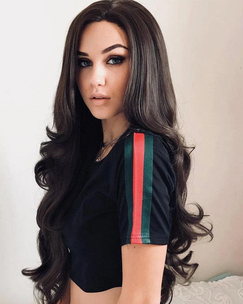 SAPPHIREWIGS Dark Brown Heat Resistant Hair Natural Wave Type Hand Tied Perruque Synthetic Lace Front Wig For Wedding Party