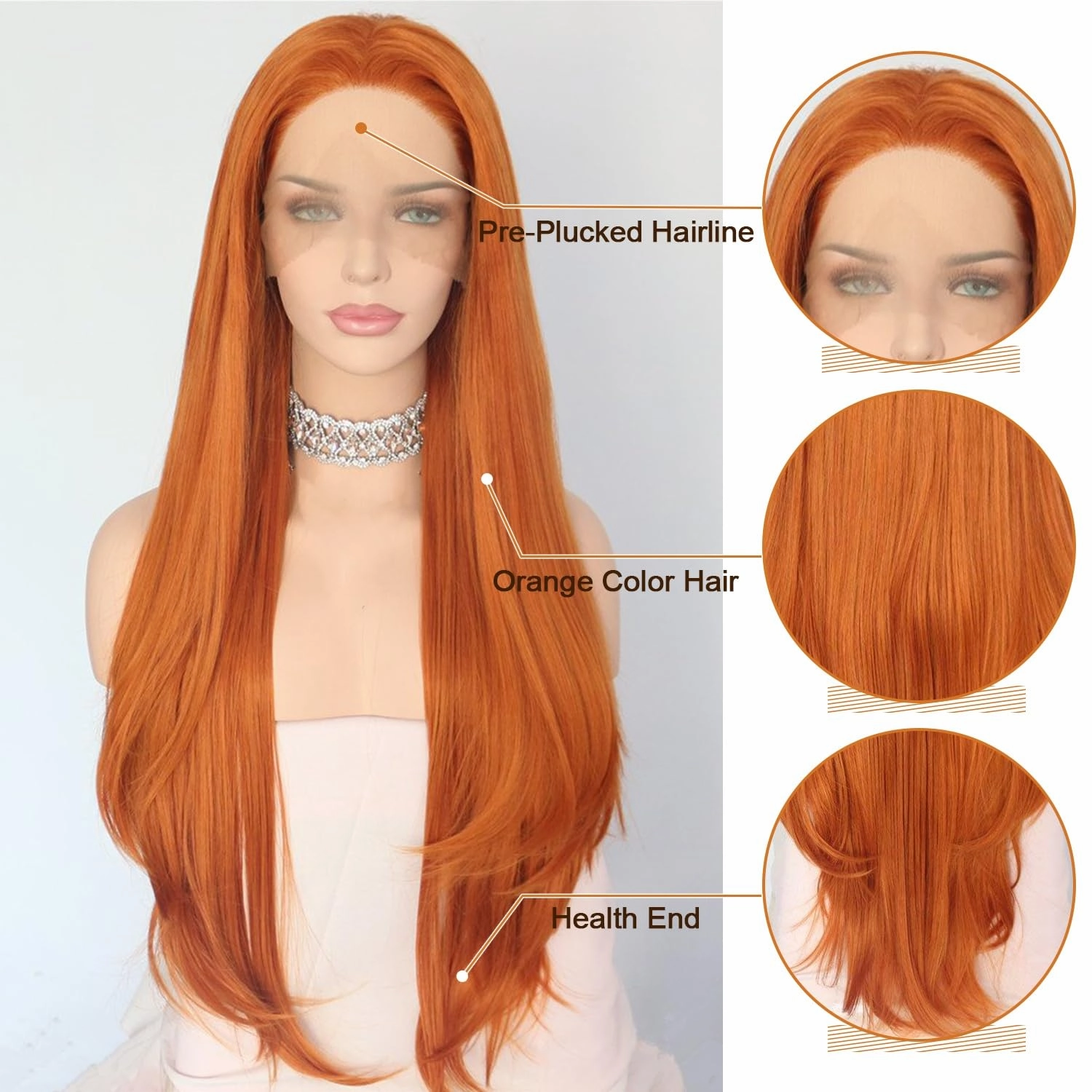 Sapphirewigs Orange Wig Long Natural Straight Wave Wigs Synthetic Lace Front Hair Replacement Wigs Beauty Blogger Daily Makeup Cosplay Ginger Wig for Women Halloween Costumes Wigs