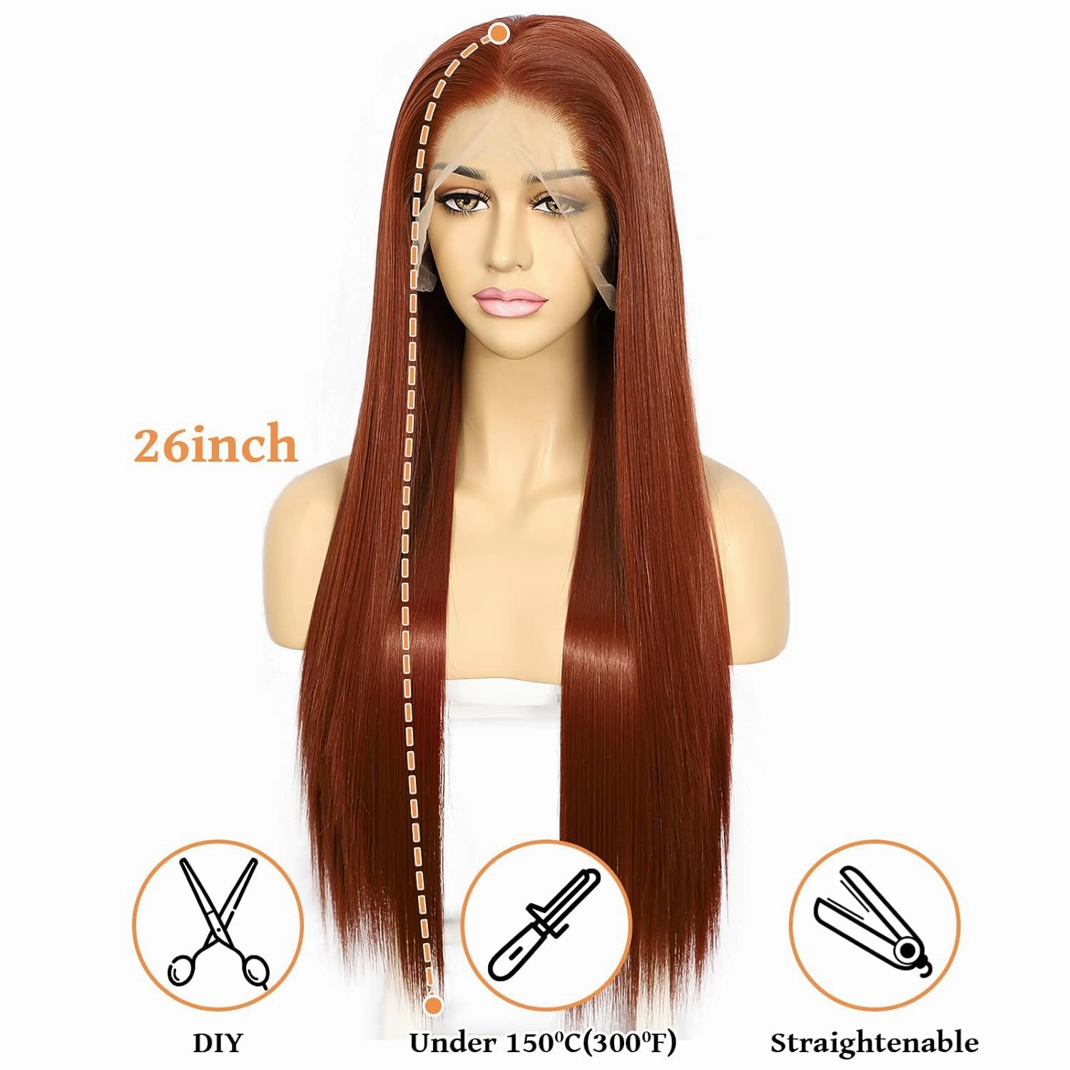 SAPPHIREWIGS Reddish Brown #350 Color Natural Straight Hairline No-Tangle Natural Hairline 6×13 Big Lace Freedom Part Daily Makeup Easter Gift Synthetic Lace Front Wigs