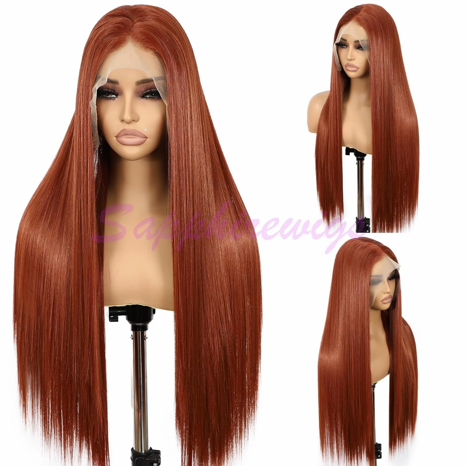 SAPPHIREWIGS Reddish Brown #350 Color Natural Straight Hairline No-Tangle Natural Hairline 6×13 Big Lace Freedom Part Daily Makeup Easter Gift Synthetic Lace Front Wigs