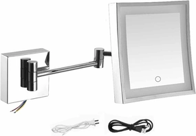Screen Touch Dimming Makeup Mirror with Lights and 3X Magnification, Square LED Wall Mounted Bathroom Vanity Mirror，Rotable Extendable Shaving MirrorSilver,USB Charging
