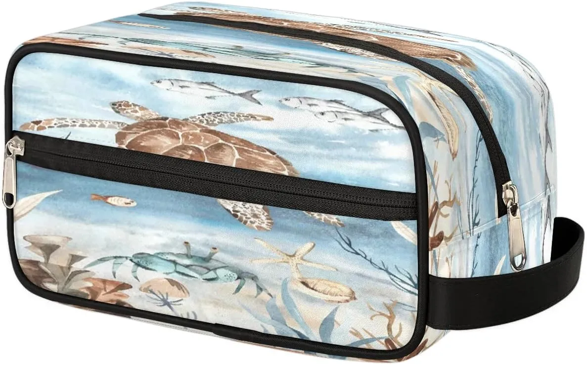 Sea Turtle Algae Fish Starfish Travel Toiletry Bag for Women Men Small Cosmetic Makeup Organizer Water Resistant Shaving Bag Portable Make Up Bag Storage Bags with Handle