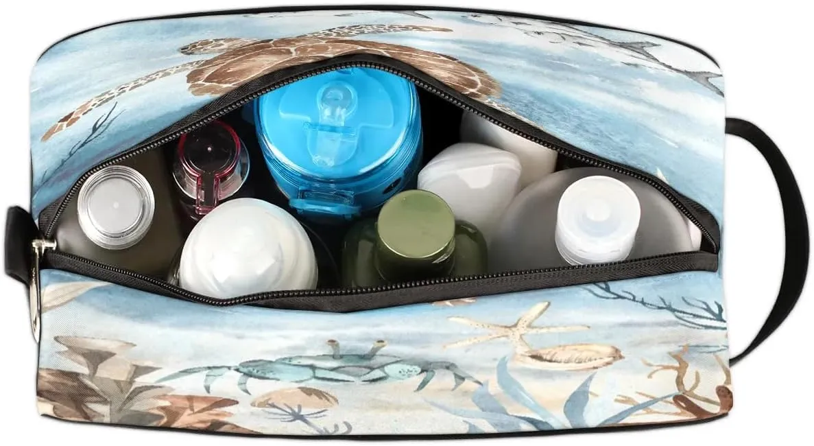 Sea Turtle Algae Fish Starfish Travel Toiletry Bag for Women Men Small Cosmetic Makeup Organizer Water Resistant Shaving Bag Portable Make Up Bag Storage Bags with Handle