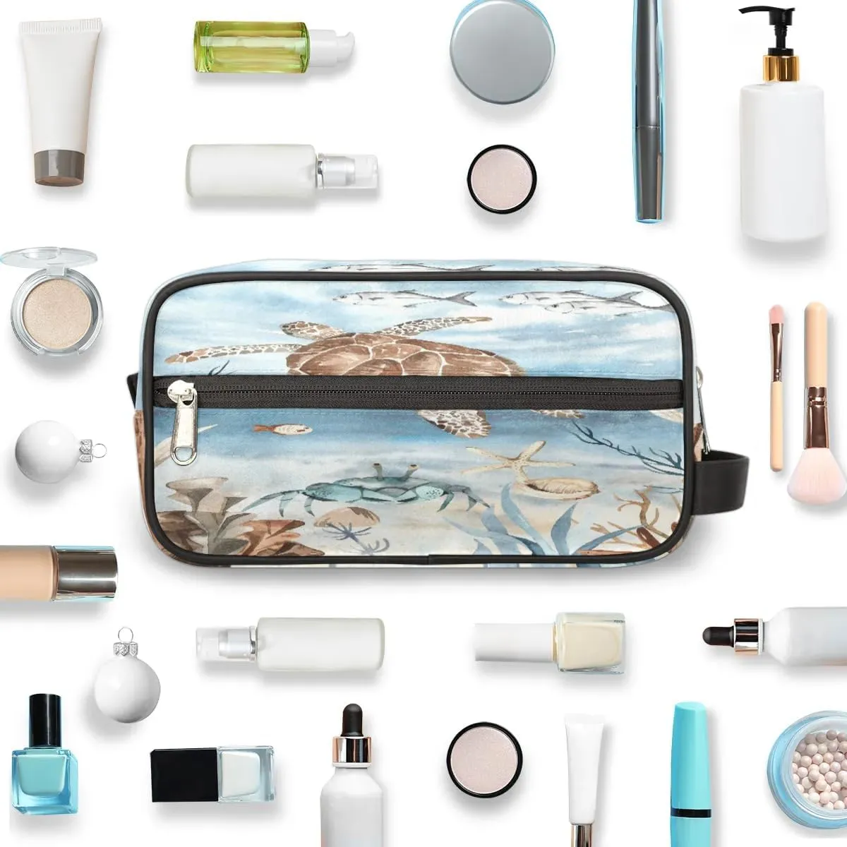 Sea Turtle Algae Fish Starfish Travel Toiletry Bag for Women Men Small Cosmetic Makeup Organizer Water Resistant Shaving Bag Portable Make Up Bag Storage Bags with Handle