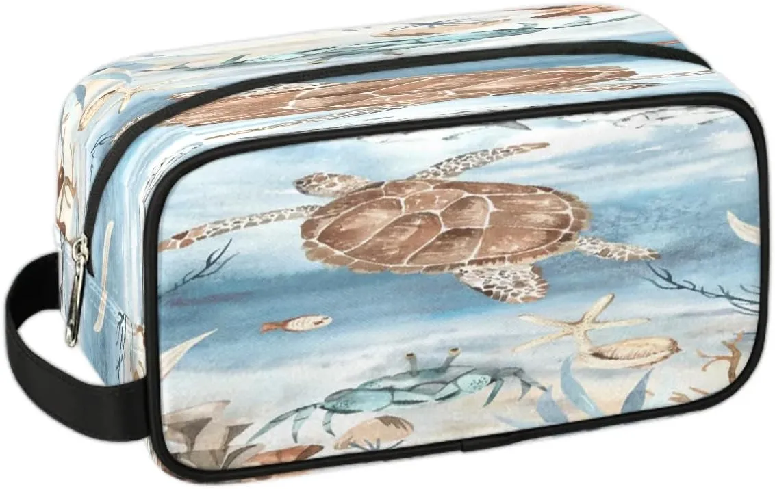Sea Turtle Algae Fish Starfish Travel Toiletry Bag for Women Men Small Cosmetic Makeup Organizer Water Resistant Shaving Bag Portable Make Up Bag Storage Bags with Handle