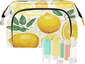 Seamless Yellow Lemons with Green Leaves Slices Lemon Words Women Cosmetic Bag Makeup Bag Stylish Trip Beauty Bag Travel Toiletry Bag with Bottle Organizer 10.2 x 5.9 x 6.7 inch