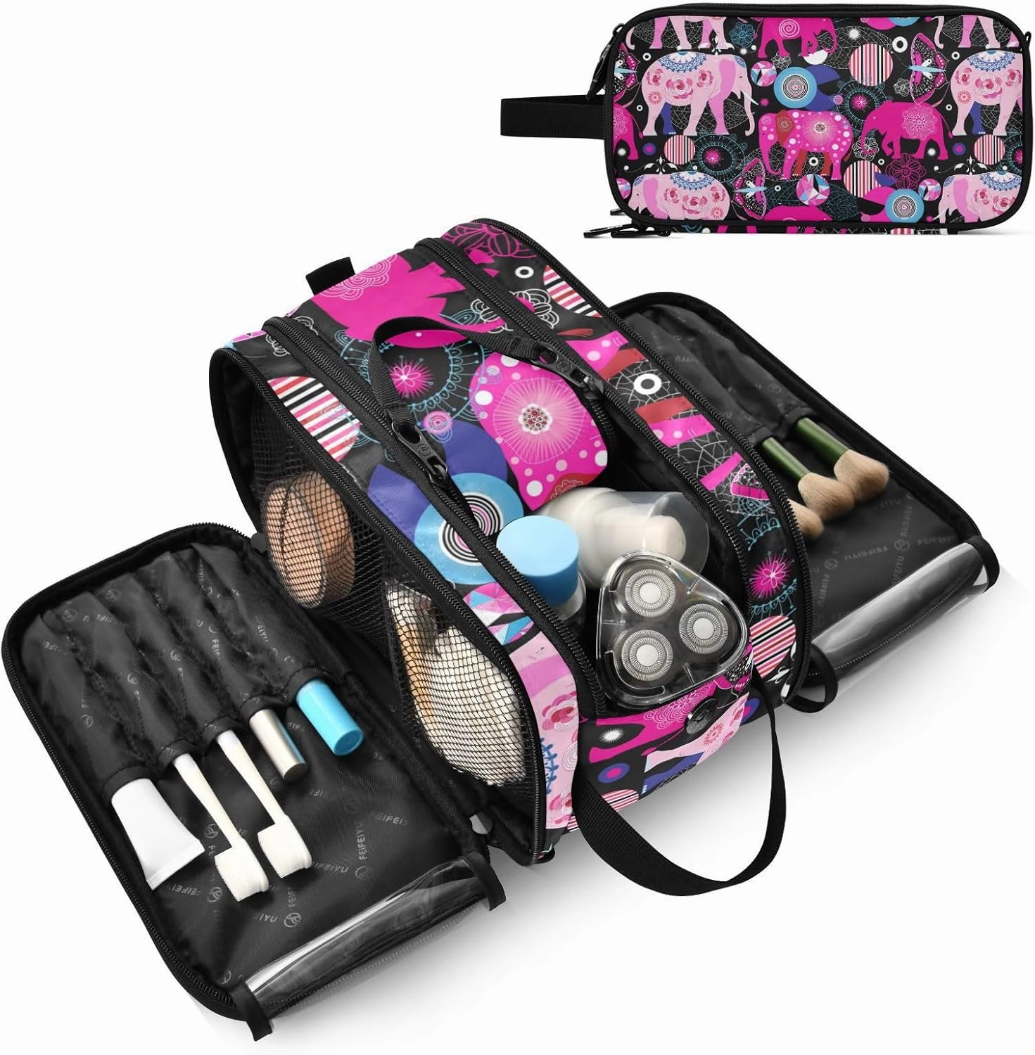 Seamless Bright Colorful Pink Elephants Leaves Flowers on Dark Women's Portable Makeup Bag with Handle, Cosmetic Bag, Travel Cosmetic Bag Durable Toiletry Storage Organizer 11 x 7 x 5.7 inch